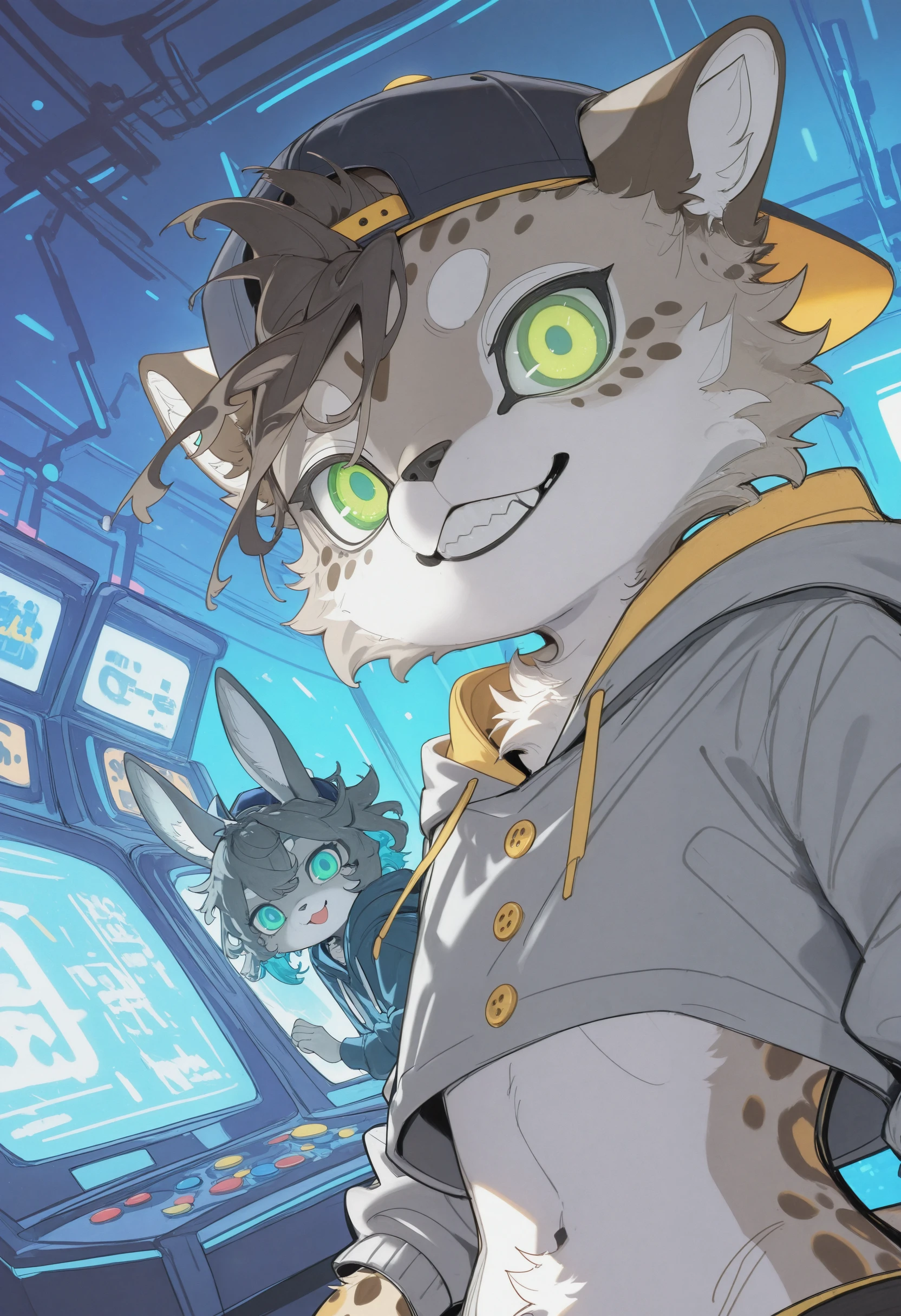 best quality, amazing quality, very aesthetic, absurdres, newest, by chiayeeee, furry, anthro, looking at viewer, sketch lines, simple background, neon arcade interior, glowing machines, flashing lights, two characters furiously mashing buttons, competitive and loud, grinning at each other, side angle, casual streetwear, anthro cheetah with yellow spotted fur, messy dark hair, bright blue eyes, anthro rabbit with soft gray fur, sharp green eyes, cropped hoodie, backwards cap <lora:ChiaYeeeE_Artist_Style_Illustrious:1.2>