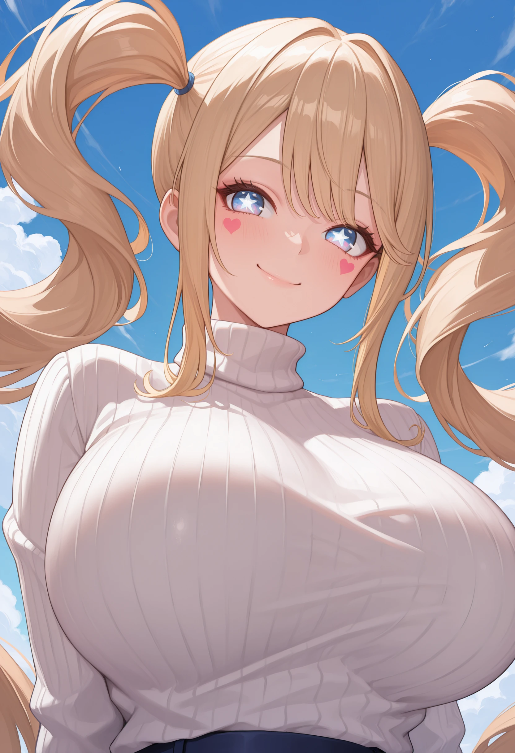 masterpiece, best quality, absurdres, highres, newest, 1girl, solo, <lora:guam-al-richy-v1_ixl:1> guamrnd, blue eyes, star-shaped pupils, blonde hair, very long hair, twin tails, sidelocks, heart facial mark, huge breasts, white sweater, turtleneck sweater, ribbed sweater, close-up, blue sky, smile, closed mouth, looking at viewer