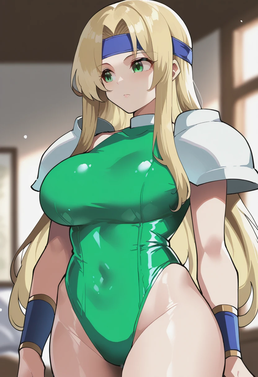 A beautiful woman with long hair, big breasts, beautiful legs, and a sharp face is standing in a green high-leg leotard.。