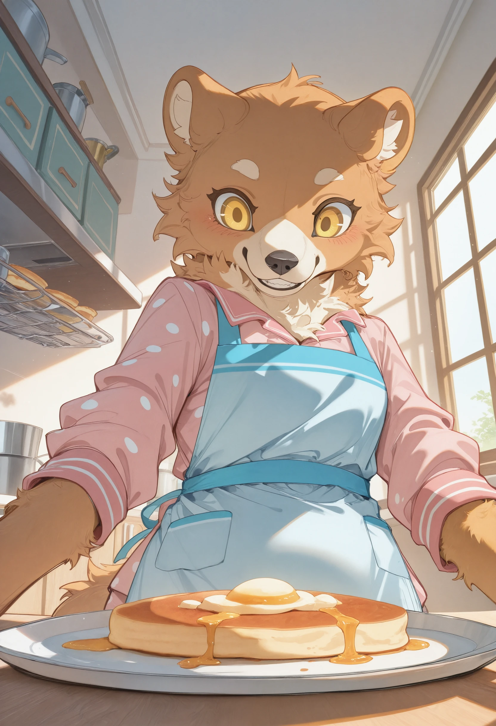 best quality, amazing quality, very aesthetic, absurdres, newest, by chiayeeee, solo, furry, anthro, looking at viewer, sketch lines, simple background, close up, cozy modern kitchen, sunlight through window, cooking ingredients on counter, character flipping pancake, cheerful and clumsy, smiling wide, looking at pan, front view, apron over pajamas, anthro bear with cinnamon fur, rounded belly, golden eyes, bedhead fur, one ear folded <lora:ChiaYeeeE_Artist_Style_Illustrious:1.2>