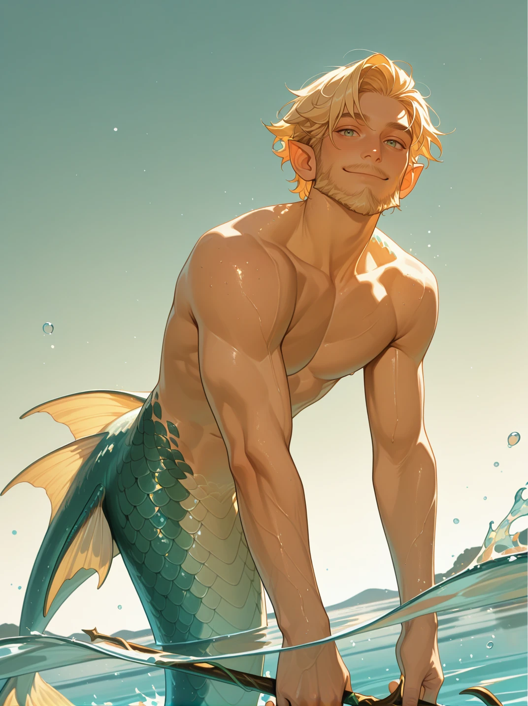 highres, hi res, best quality, masterpiece,
1boy, (MermaidXL, merman:1), short hair, beard, blonde hair, eyes, smile, topless, muscular male, monster boy, pointy ears, scales,
wide shot,, lake, on water, water splash, hands at side, from below, leaning forward,  holding trident, looking at viewer, cowboy shot, dynamic pose, smile, front, dutch angle, dynamic angle, cool pose, magic particles, portrait, 
<lora:AMermaidFXM_concept:0.7>,,   <lora:NijiSemi_IL_Style:1> N1j1,