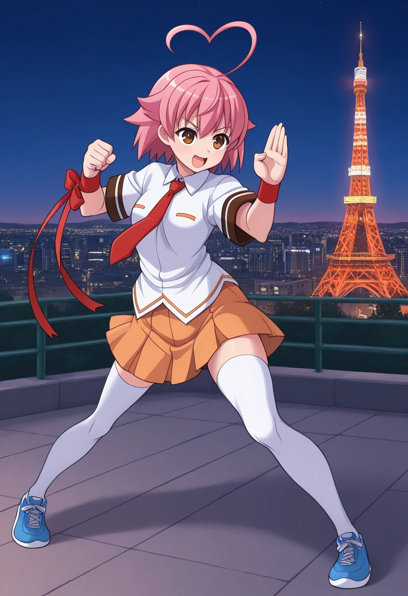 1girl, solo, ainohaato, pink hair, short hair, heart ahoge, brown eyes, shirt, short sleeves, necktie, wrist ribbon, wristband, skirt, school uniform, thighhighs, shoes, fighting stance, open mouth, serious, smile, outdoors, tokyo tower, night, district