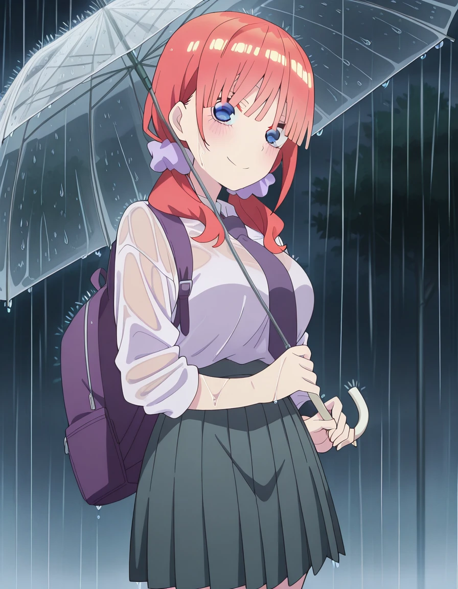 masterpiece, best quality, amazing quality,, <lora:nino-nakano-honeymoon-illustriousxl-lora-nochekaiser:1>, nino nakano, bangs, blue eyes, hair ornament, twintails, pink hair, blunt bangs, medium hair, scrunchie, eyebrows hidden by hair, purple scrunchie, mature female, breasts, anime screencap, <lora:getsuyoubi-no-tawawa-538-illustriousxl-lora-nochekaiser:1>, getsuyoubinotawawa538, looking at viewer, smile, skirt, shirt, holding, cowboy shot, pleated skirt, necktie, bag, wet, umbrella, backpack, wet clothes, rain, holding umbrella, transparent, transparent umbrella,, , ,