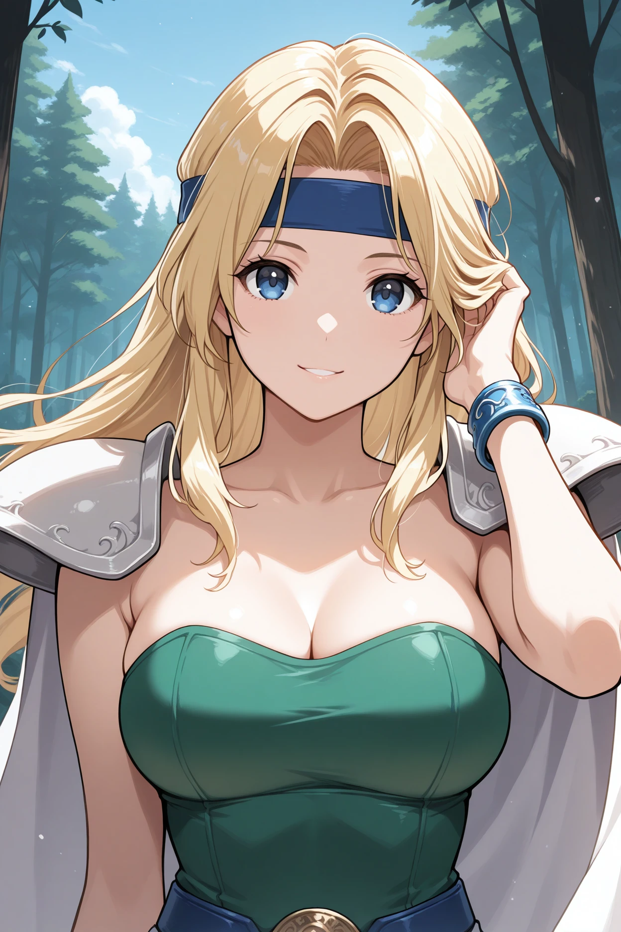 masterpiece, best quality, 1girl, solo, <lora:ffceles-illu-nvwls-v1-000006:1> ffcls, blonde hair, long hair, parted bangs, blue eyes, big breasts, blue headband, shoulder armor, white cape, strapless, green leotard, blue bracelet, upper body, looking at viewer, smile, blue sky, forest, parted lips, straight on, happy, hand in own hair, blue belt