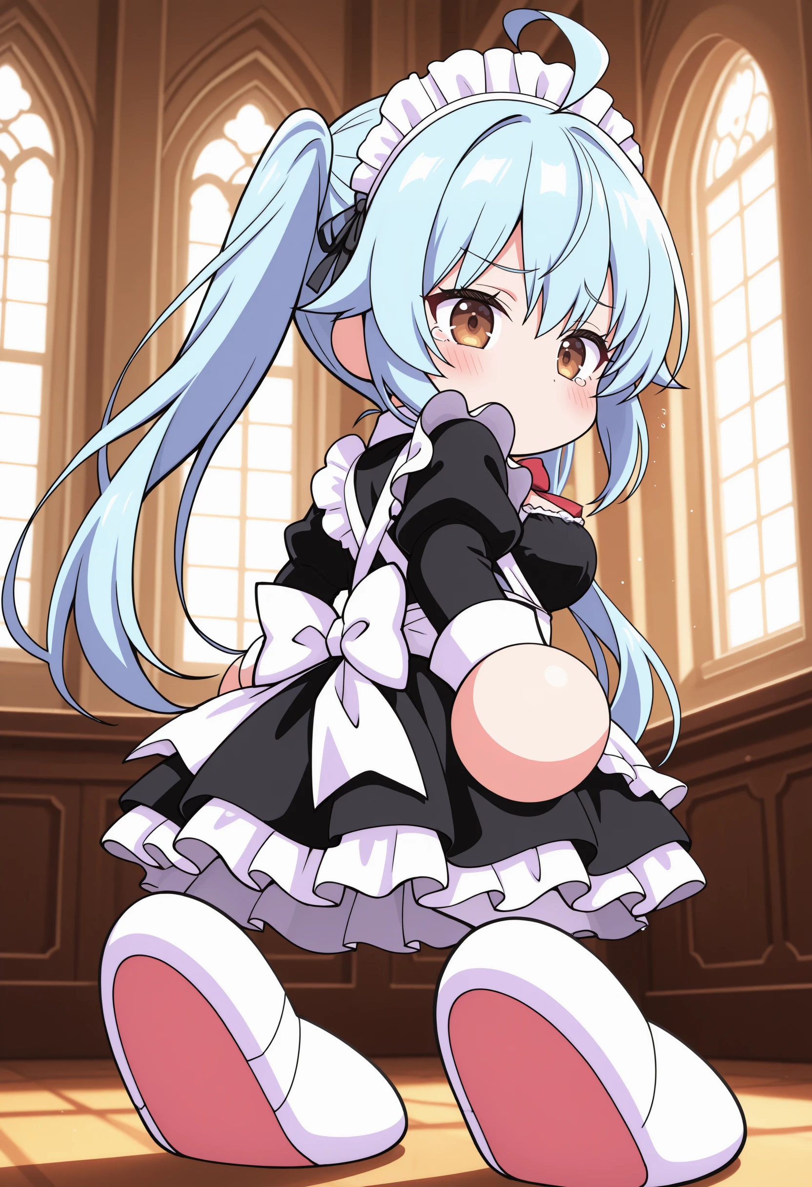 1girl,(sho \(sho lwlw\):0.7),(toosaka asagi:0.5),(sincos:0.3),solo,
masterpiece, best quality, newest, absurdres, CG, anime, source anime, illustration,
maid, maid headdress,medium breasts,
pawapuro , chibi ,no mouth,blush,full body , <lora:pawapuro_Illust_v3:1.2>
from behind, looking down, blue hair, brown eyes,sobbing, cathedral, split ponytail hair,