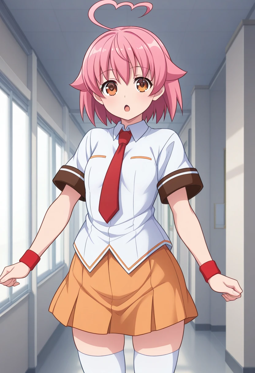 1girl, solo, ainohaato, pink hair, short hair, heart ahoge, brown eyes, shirt, short sleeves, necktie, wristband, skirt, school uniform, thighhighs, indoors, corridor, cowboy shot, standing, looking at viewer, open mouth, :o