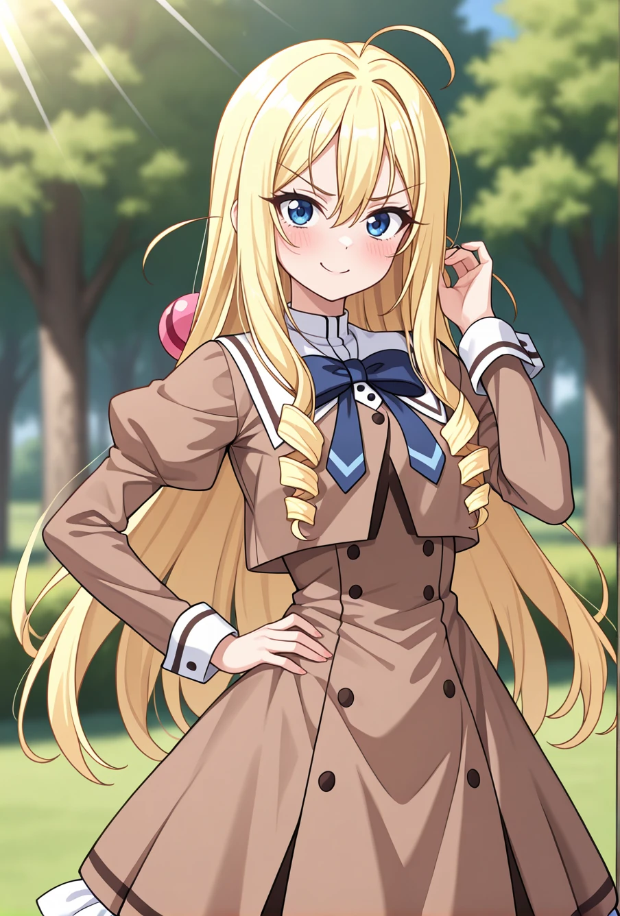 masterpiece, best quality, amazing quality, very aesthetic, newest, absurdres, highres,
1girl, solo.
<lora:AyanokoujiKarenIllustriousV1:1> ayanokoujikarendef, ayanokoujikaren, blonde hair, long hair, hair ornament, ahoge, drill sidelocks, blue eyes, blue bowtie, bowtie, juliet sleeves, sailor collar, brown dress, frilled dress, cropped jacket,
looking at viewer, smile, v-shaped eyebrows, adjusting hair, hand on own hip,
dappled sunlight, blurry background, lens flare,