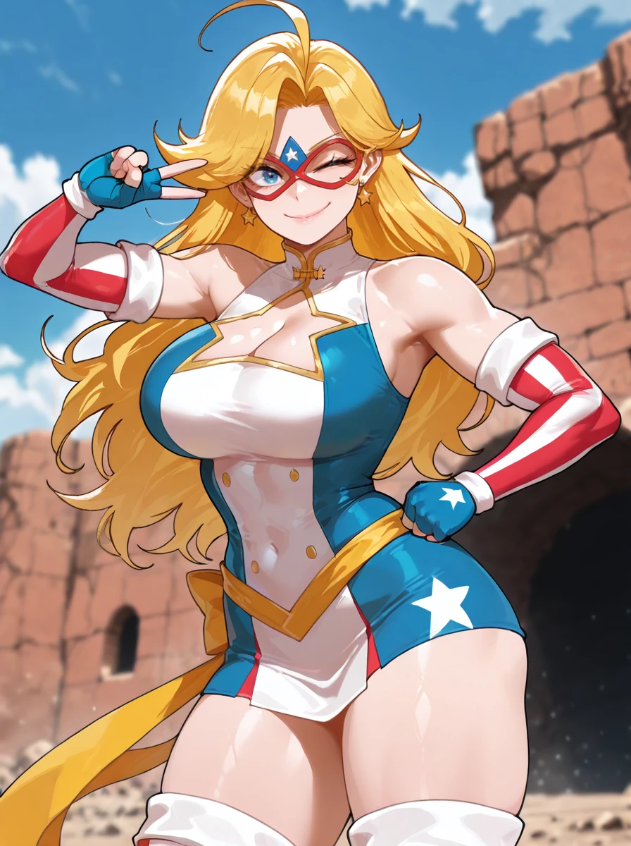 masterpiece, best quality, amazing quality, very aesthetic, absurdres, newest anime screenshot,  anime coloring,
<lora:KamenAmerica_r1:1>kamenamerica, 1girl, blonde hair, long hair, solo, breasts, gloves, earrings, blue eyes, large breasts, mask, star earrings, fingerless gloves, thighhighs, cleavage, star (symbol), ahoge fighting stance,  smile, star_cleavage muscular female, wink v_sign, one_hand_on_hip