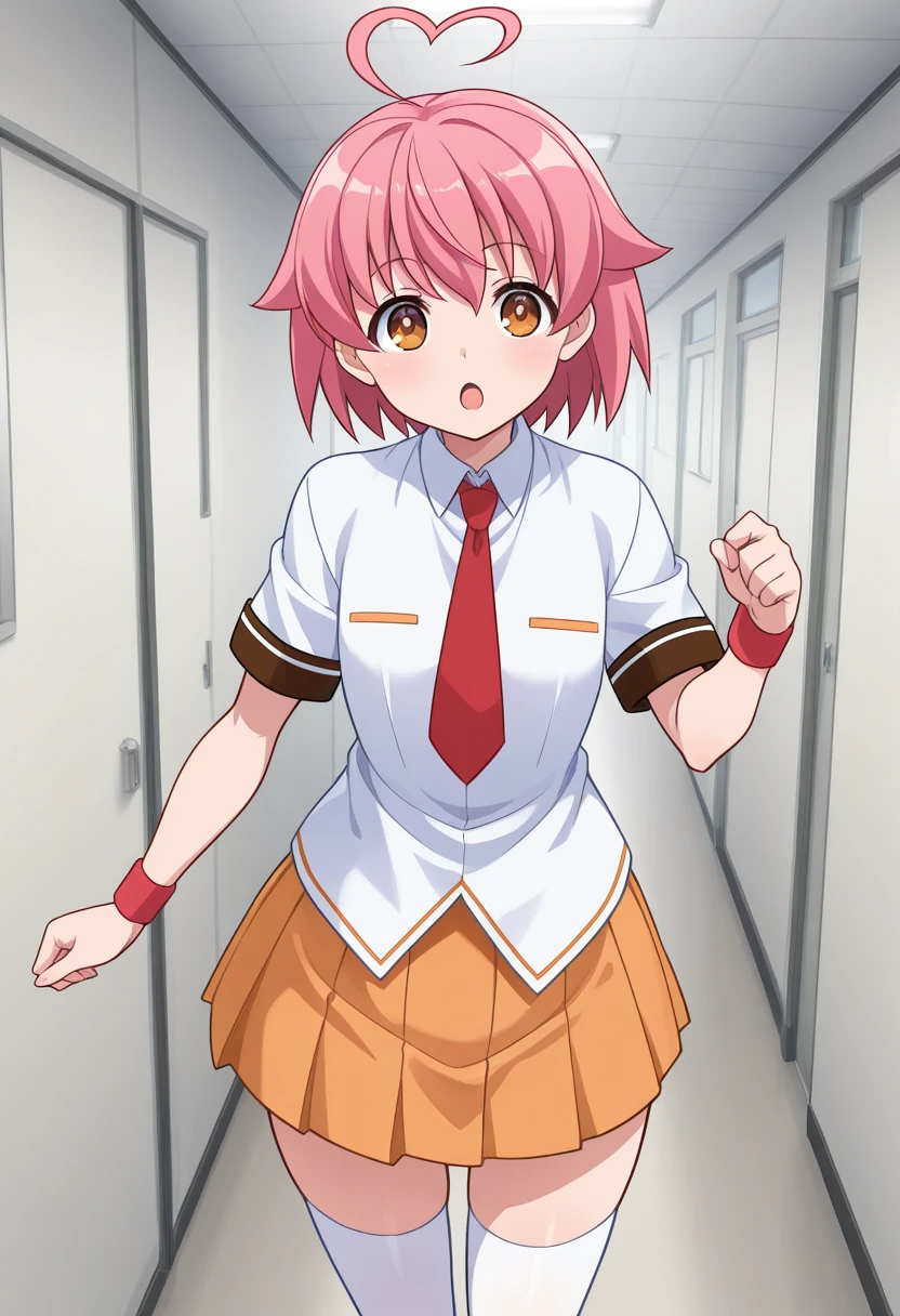 1girl, solo, ainohaato, pink hair, short hair, heart ahoge, brown eyes, shirt, short sleeves, necktie, wristband, skirt, school uniform, thighhighs, indoors, corridor, cowboy shot, standing, looking at viewer, open mouth, :o