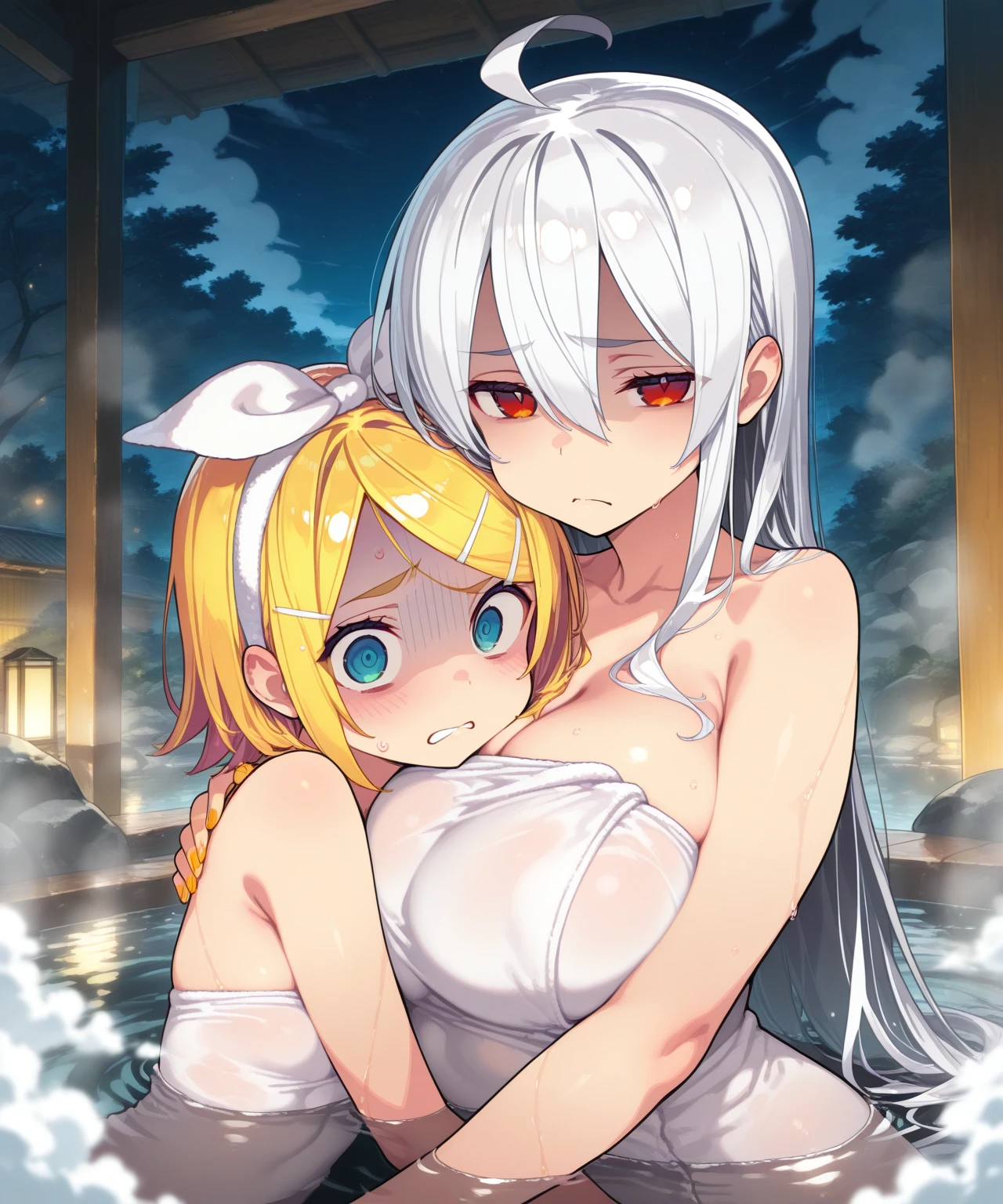,masterpiece,best quality,
2girls,kagamine rin, yowane haku,
spring,onsen,naked towel, partially submerged,hug,night,wet,blush,steam,fog, looking at viewer,
disgust, scared,