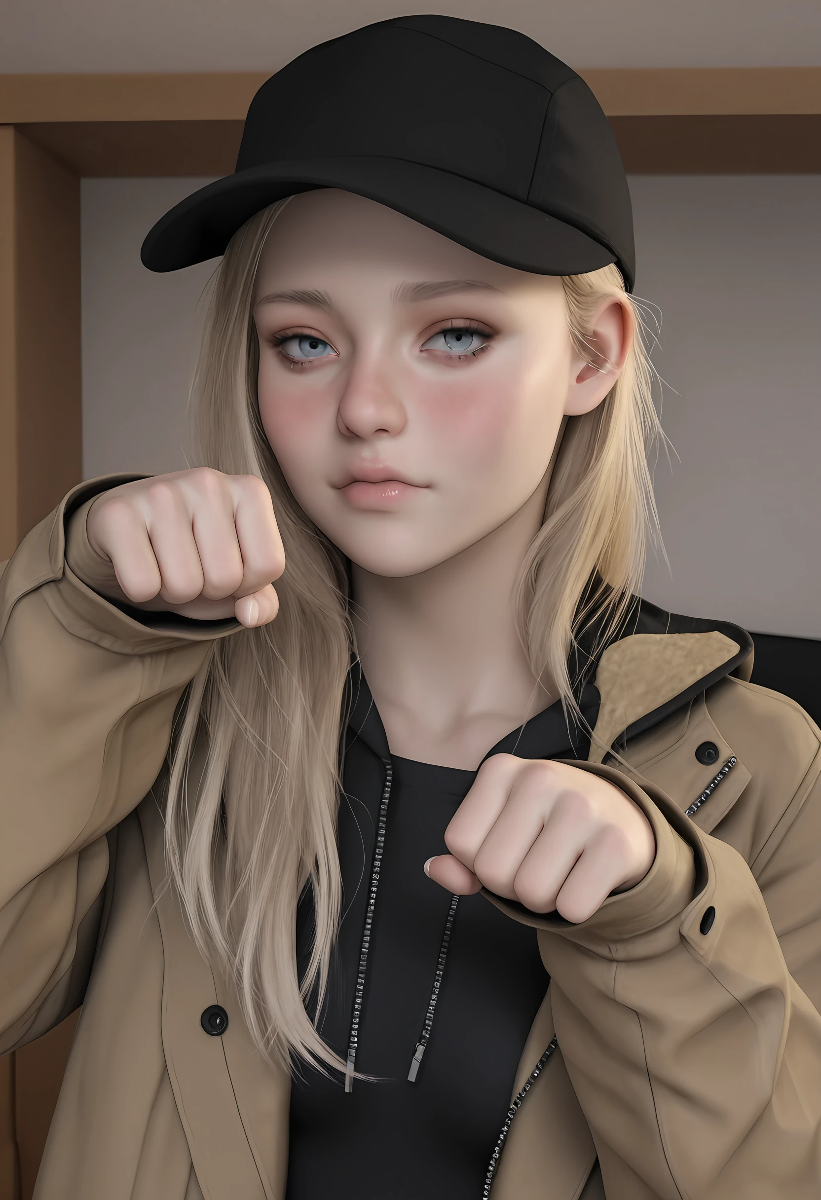 masterpiece, best quality, amazing quality, very aesthetic, absurdres, newest,  <lora:RosemaryRE8ILf:1> r0silf, 3d, 1girl, blonde hair, spiky hair, blue eyes, small breasts, baseball cap, jacket, portrait, looking at viewer, paw pose, blush, 
indoors,