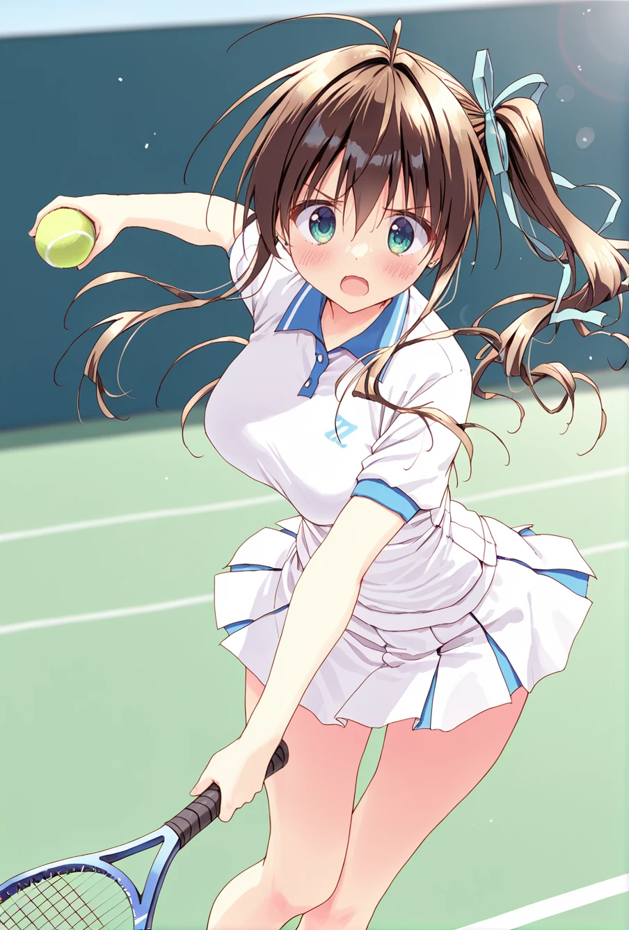 masterpiece, best quality, amazing quality, very aesthetic, newest, absurdres, highres,
1girl, solo.
<lora:NagaseMinatoIllustriousV1:1> nagaseminato, aqua eyes, long hair, brown hair, hair ribbon, side ponytail,
lens flare, ball, sportswear, motion blur, tennis uniform, racket, tennis racket, tennis ball, v-shaped eyebrows,
(watercolor \(medium\):1.3), traditional media, (ryouka_(suzuya):1.3)