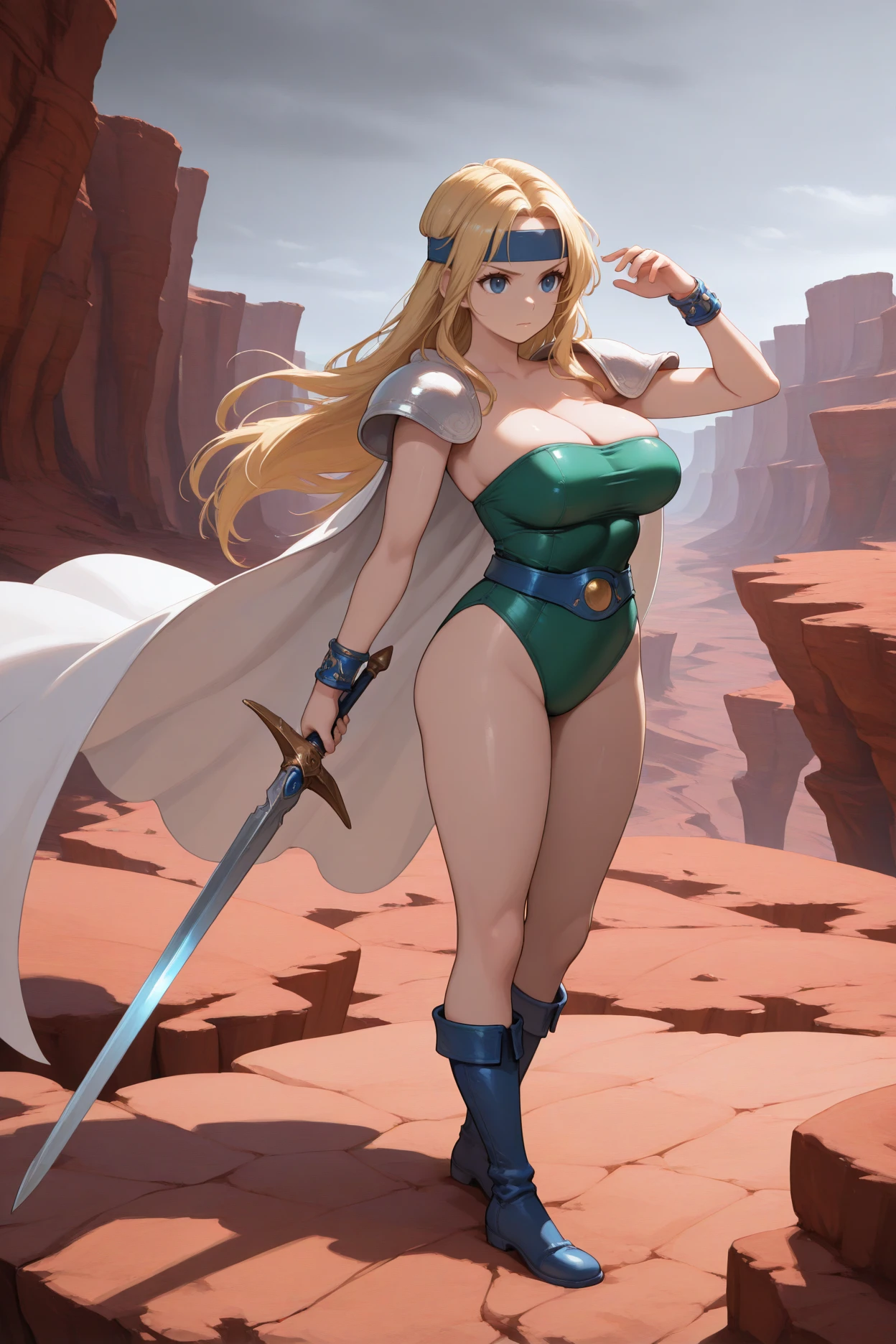 masterpiece, best quality, 1girl, solo, <lora:ffceles-illu-nvwls-v1-000006:1> ffcls, blonde hair, long hair, parted bangs, blue eyes, big breasts, blue headband, shoulder armor, white cape, strapless, green leotard, cleavage, blue belt, blue bracelet, blue boots, holding sword, full body, standing, hand up, serious, grey sky, canyon