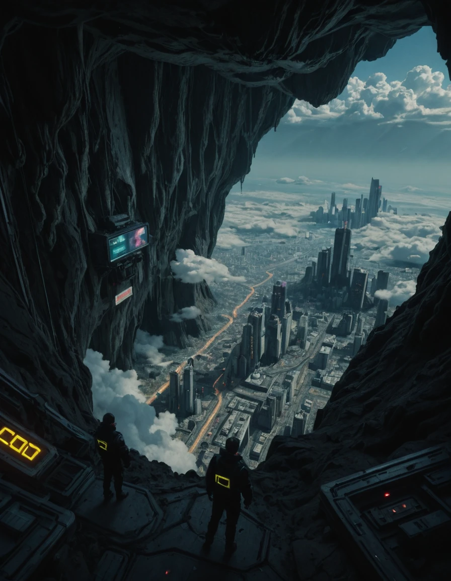 <lora:SW-TY02ill:1> above clouds, above city, above cyberpunk city, in a cave, neons