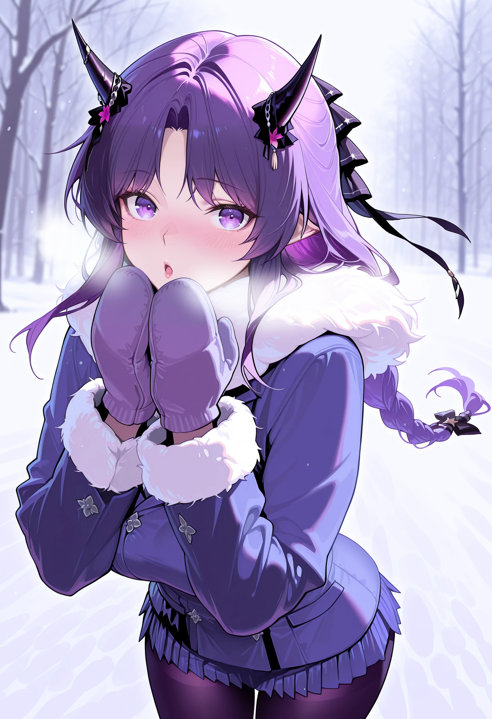 masterpiece,best quality,amazing quality,1girl, hibiscus the purifier \(arknights\), purple eyes, purple hair, hair ribbon, horns, braided ponytail, horn ornament, alternate outfit, winter, winter jacket, pantyhose, fur trim, mittens, warming hands, hands to own mouth, blush, looking at viewer, : o, lips
<lora:Hibiscus the purifier (Illustrious) v1:1.0>