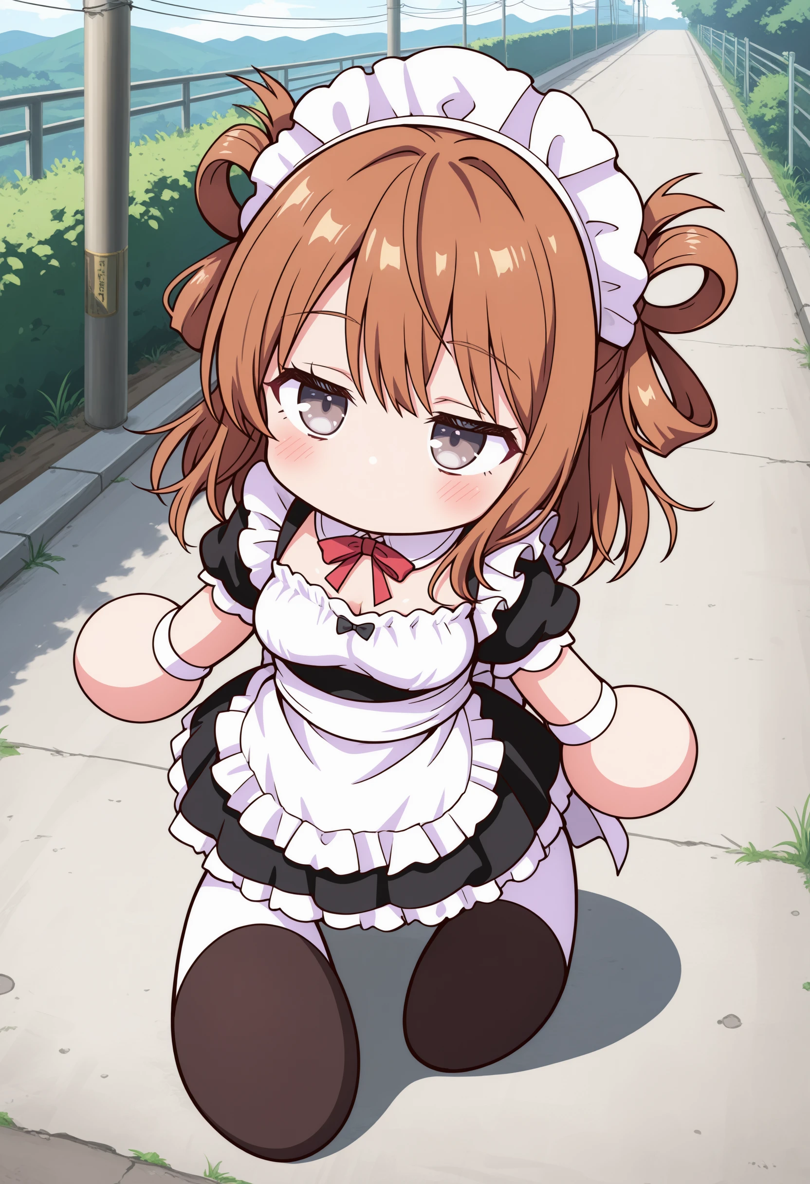 1girl,(sho \(sho lwlw\):0.7),(toosaka asagi:0.5),(sincos:0.3),solo,
masterpiece, best quality, newest, absurdres, CG, anime, source anime, illustration,
maid, maid headdress,medium breasts,
pawapuro , chibi ,no mouth,blush,full body , <lora:pawapuro_Illust_v3:1.2>
from above, looking away, brown hair, white eyes,seductive smile, power lines, hair rings hair,