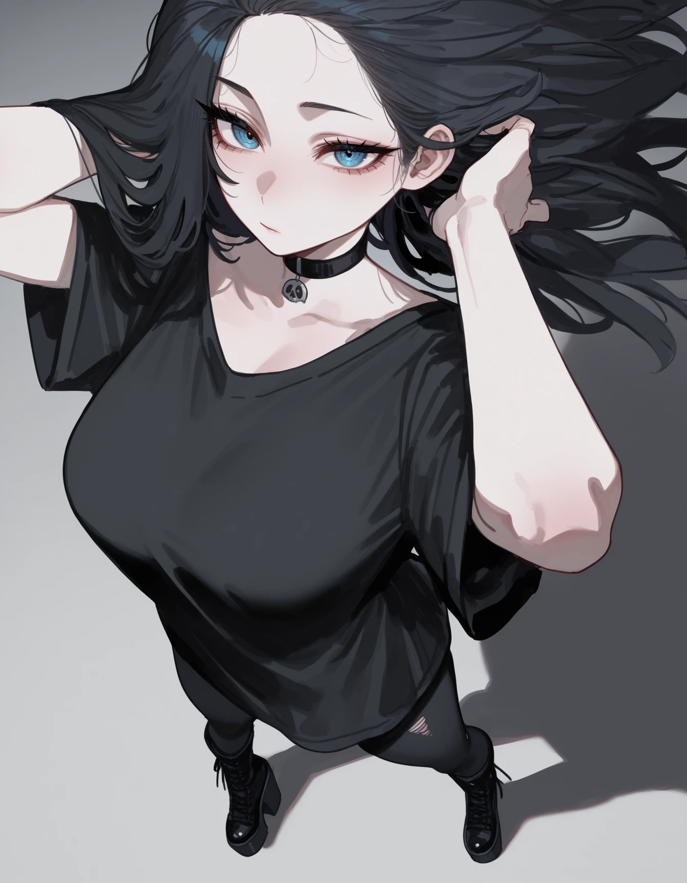 1girl, looking at viewer,  solo, standing,  full body, (hands in own hair:1.2),  (perspective:1.2),  floating hair,  (tilted head:1.1),  from above, foreshortening,, close-up, 
goth, gothic, choker, black choker, black t-shirt, oversized shirt, black leggings, torn leggings, platform boots,
22D,masterpiece, best quality, amazing quality, very aesthetic, high resolution, ultra-detailed, absurdres, newest,
<lora:sorrowkun style (22D):1>
