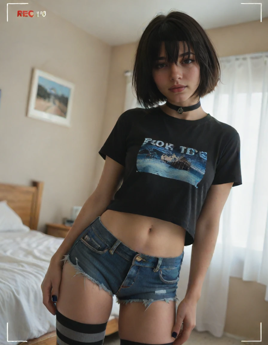 Stable_Yogis_PDXL_Positives
 1girl, solo,  short hair, shirt, black hair, thighhighs, navel,  short sleeves, heart, cowboy shot, shorts, choker, indoors, striped clothes, nail polish,  black shirt, short shorts, black choker,  shorts, shirt , denim, black nails, striped thighhighs, denim shorts,  hair over eyes, bedroom, cutoffs, recording, goth fashion, striped sleeves, video camera