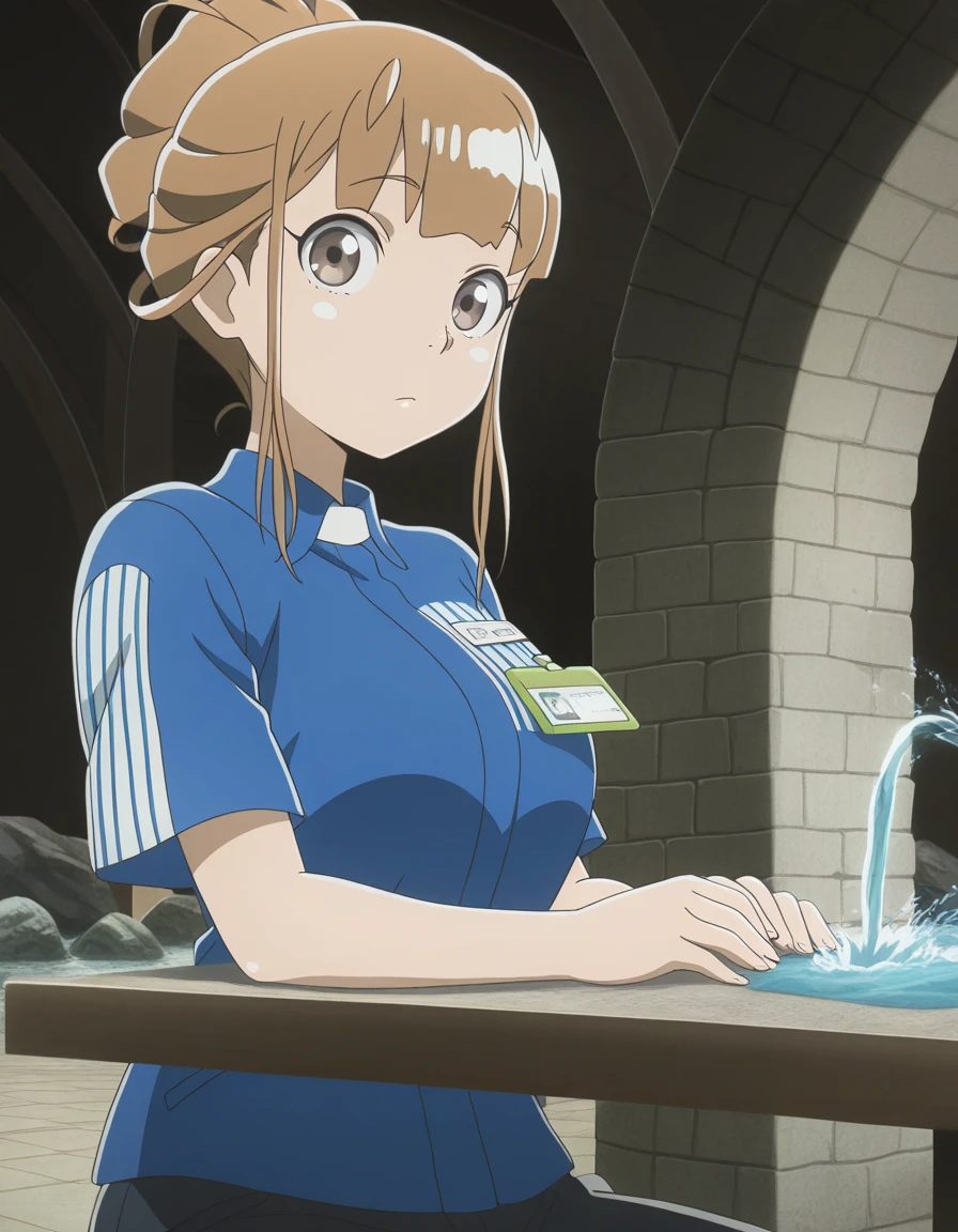 masterpiece, best quality, amazing quality,, <lora:hinata-miyake-s1-illustriousxl-lora-nochekaiser:1>, hinata miyake, miyake hinata, short hair, brown hair, brown eyes, mature female, breasts, anime screencap,, shirt, short sleeves, uniform, blue shirt, name tag, id card, employee uniform,, sitting, elbow rest, table,, aqueduct, water, stone, arches, ancient, cowboy shot, solo, looking at viewer,