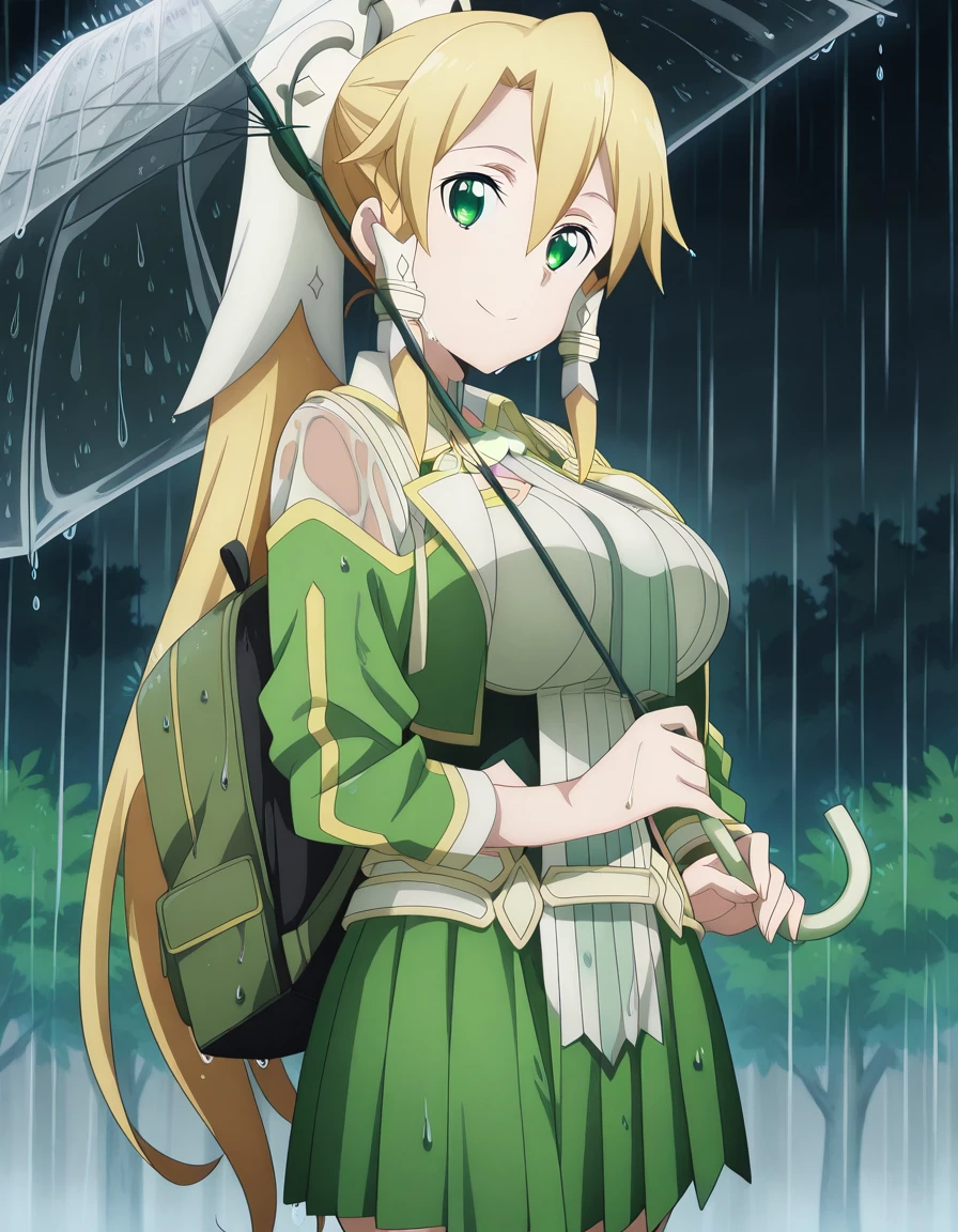 masterpiece, best quality, amazing quality,, <lora:suguha-kirigaya-s3-illustriousxl-lora-nochekaiser:1>, suguha kirigaya, leafa (sao), long hair, blonde hair, hair ornament, green eyes, ponytail, hair tubes, mature female, breasts, anime screencap,, <lora:getsuyoubi-no-tawawa-538-illustriousxl-lora-nochekaiser:1>, getsuyoubinotawawa538, looking at viewer, smile, skirt, shirt, holding, cowboy shot, pleated skirt, necktie, bag, wet, umbrella, backpack, wet clothes, rain, holding umbrella, transparent, transparent umbrella,, , ,