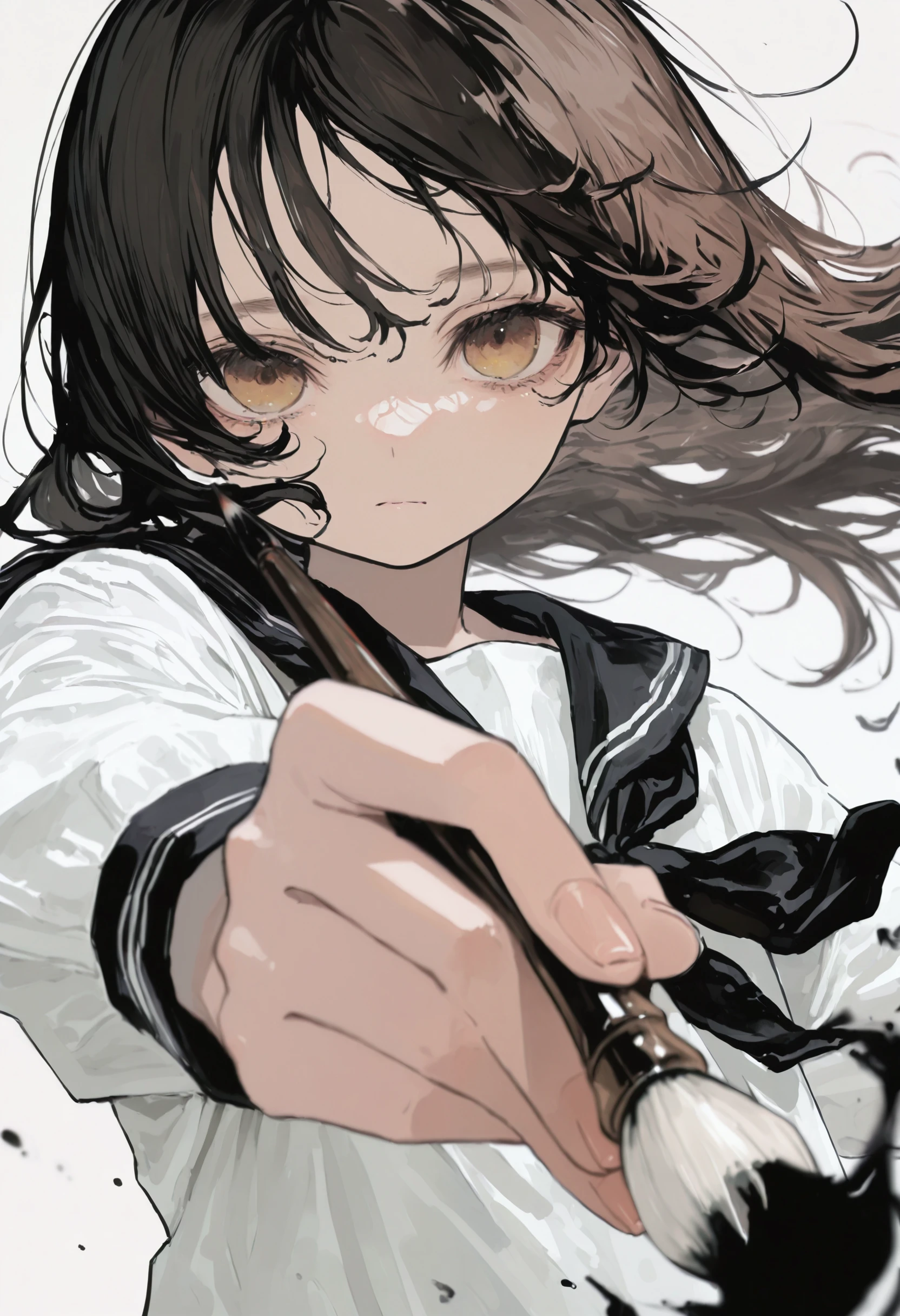 <lora:kota-illustriousXL_v01_V3-CAME>, 1girl, solo, paintbrush, holding, holding paintbrush, long hair, looking at viewer, shirt, black hair, upper body, white shirt, calligraphy brush, floating hair, blurry, long sleeves, holding brush, white background, simple background, black neckerchief, brown eyes, fingernails, depth of field, yellow eyes, foreshortening, closed mouth, blurry foreground, outstretched arm, neckerchief, brown hair, grey background
