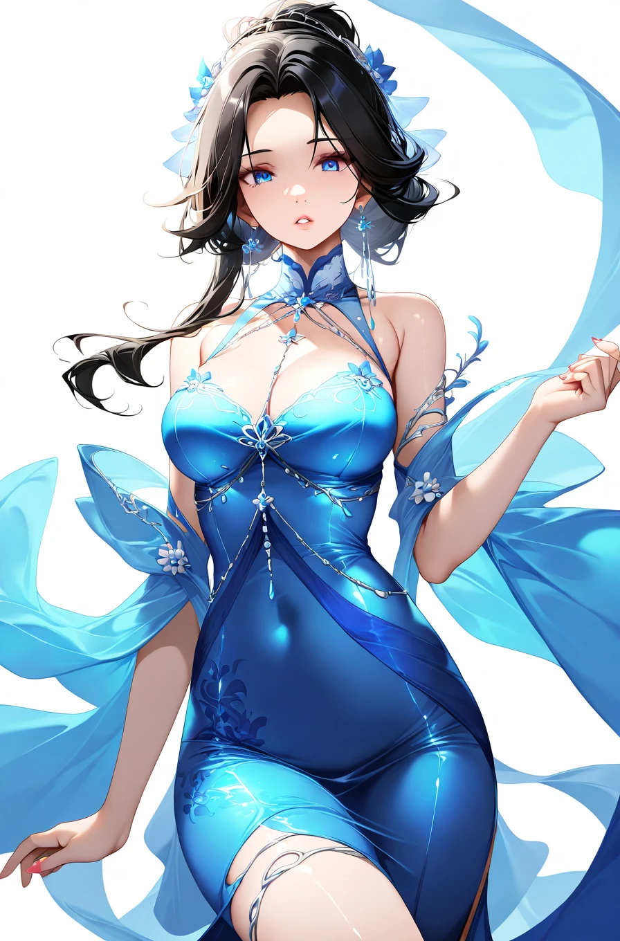 (masterpiece, Highest quality:1.2),Wavy Hair Secretary,Lonely,Beautiful Eyes,Thin black hair,( Smooth Skin:1.2)( Wear a gorgeous Chinese dress with a phoenix pattern:1.2), Slender body proportions,Gorgeous room((Intricate details))