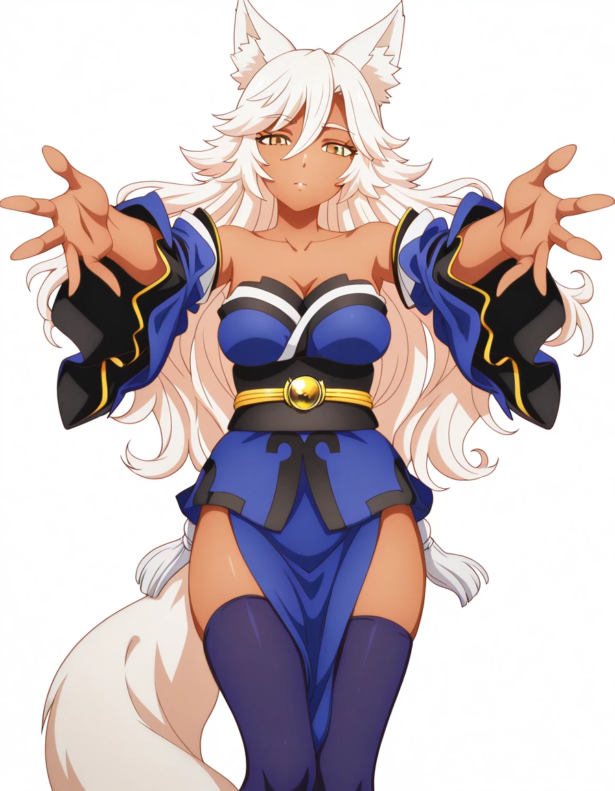 masterpiece, score_9, score_8_up, score_7_up, BREAK source_anime, best quality, extremely detailed, 1girl, milf, solo, (colored skin, black skin:1.9), (huge breasts), ((((blonde hair), long hair, blue eyes, fox ears, fox tail, yellow fox tail, six tails))), parted lips, (((shrug, sling bikini, medium skirt, white pantyhose))), ((naughty smile), closed mouth), ((forest, castle))