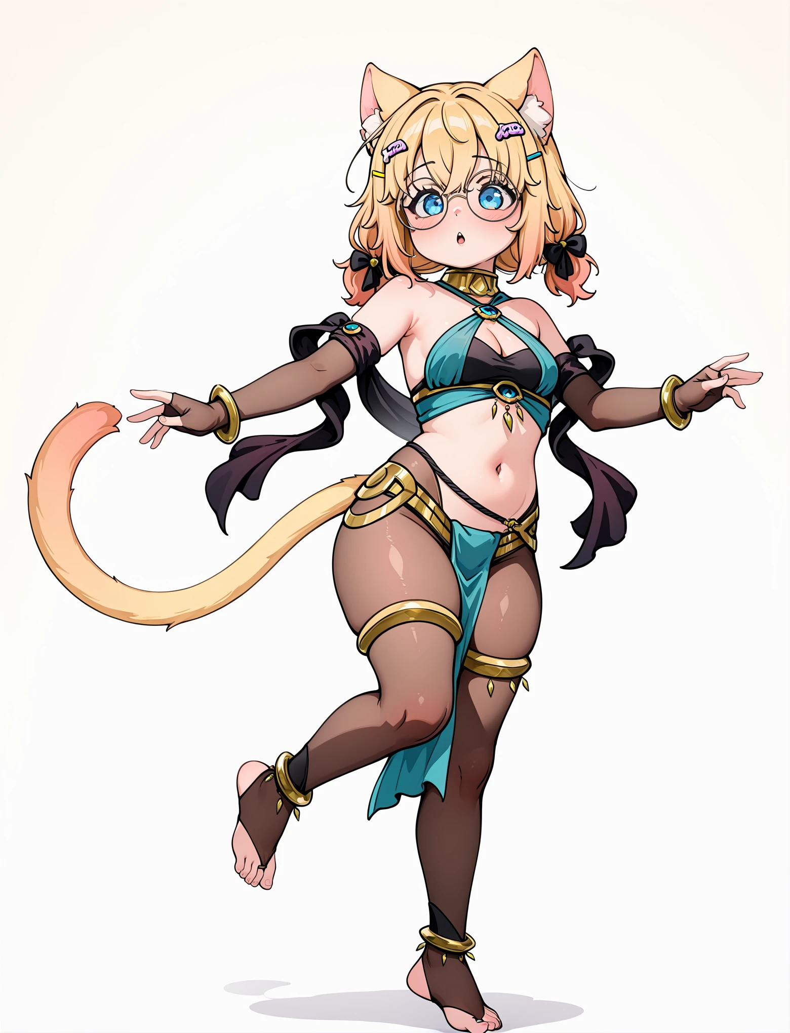 full body, dancing, dynamic pose, 1girl,
<lora:LECO-mature_female_XL(ill)v11:1.5> young, thick thighs, curvy,
<lora:PlegianDancer:1> plegiandancer, dancer, harem outfit, alternate costume, criss-cross halter, gold collar, gold bangles, bare shoulders, bracelet, cleavage, earrings, jewelry, navel, midriff, body jewelry, gold thighlets, see-through pantyhose, toeless pantyhose, loincloth, shawl, anklet, fingerless elbow gloves,
<lora:MiniKomewV2:1> minikomew, blonde hair, hair between eyes, catgirl, cat ears, round glasses, medium hair, cat tail, hairclip, blue eyes,, masterpiece, best quality, amazing quality, very aesthetic, absurdres, newest