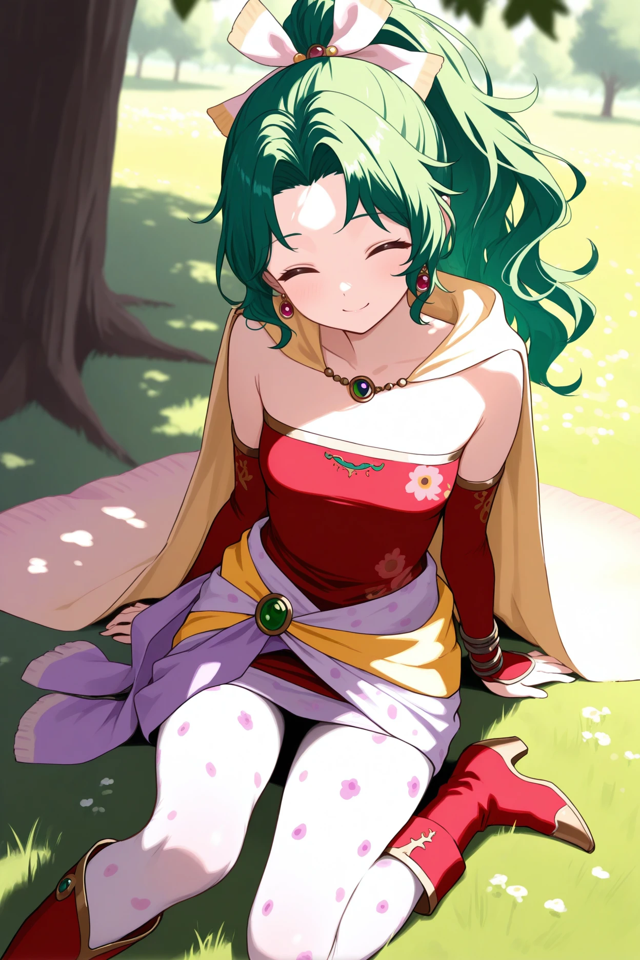 masterpiece, best quality, 1girl, solo, <lora:fftina-illu-nvwls-v1-000006:1> fftnb, wavy hair, ponytail, parted bangs, green hair, hair ribbon, earrings, yellow cape, strapless dress, short dress, red sleeves, detached sleeves, clothes around waist, print pantyhose, white pantyhose, red boots, sitting, on ground, field, tree, dappled sunlight, from above, looking at viewer, smile, closed eyes, ^_^