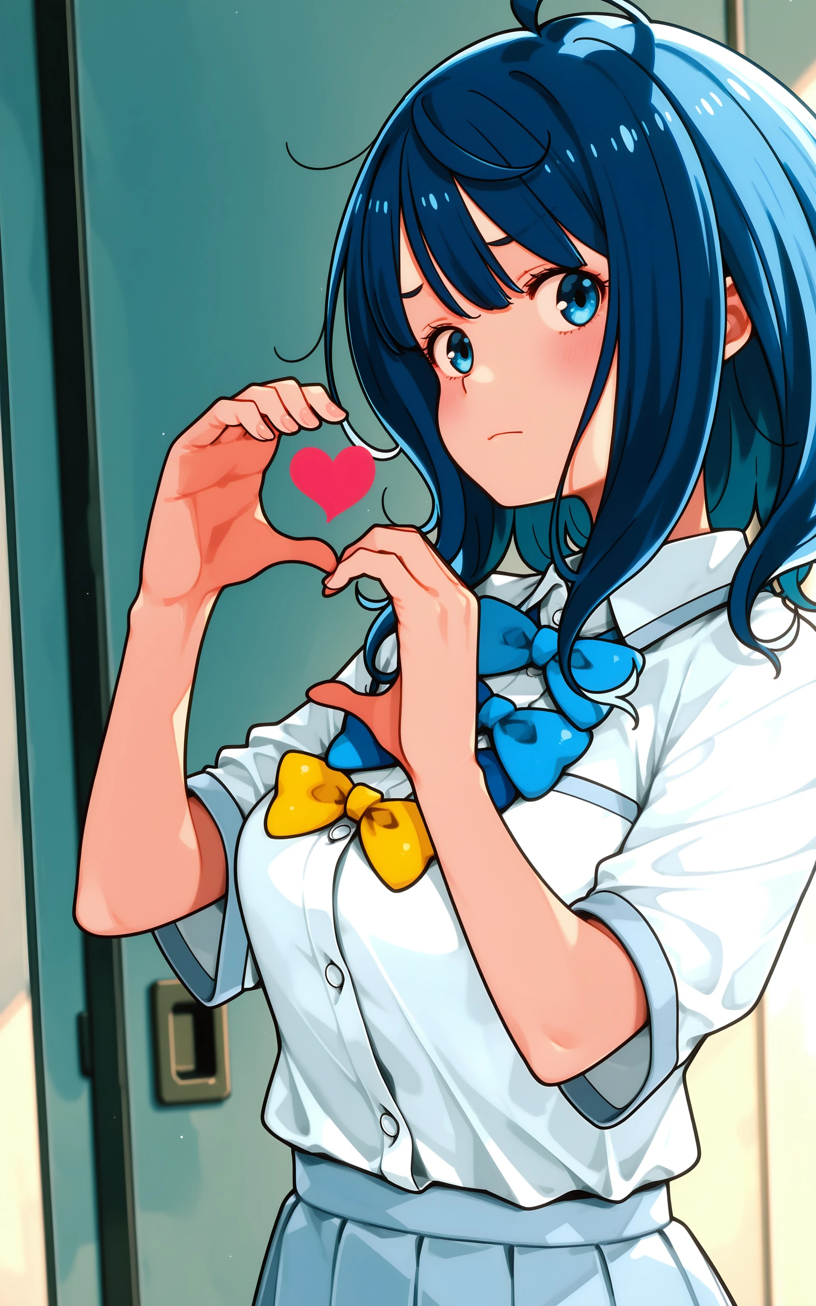 1girl,blue hair,solo,blue eyes,heart hands,bow,skirt,school uniform,heart,shirt,bowtie,grey skirt,white shirt,looking at viewer,pleated skirt,blue bow,short sleeves,medium hair,collared shirt,yellow bow,breasts,ahoge,blue bowtie,closed mouth,upper body,blush,long hair,dress shirt,
masterpiece,best quality,
<lora:dmd2 4 steps color fix:1>,<lora:imigimuru-illv6-000040:1>,
