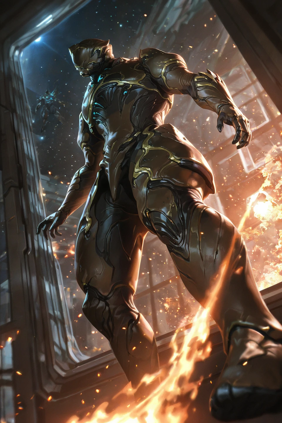 <lora:rhino:1>, rh1n0, warframe, full armor, from below, science fiction, space, window, from below, dutch angle, embers, fire