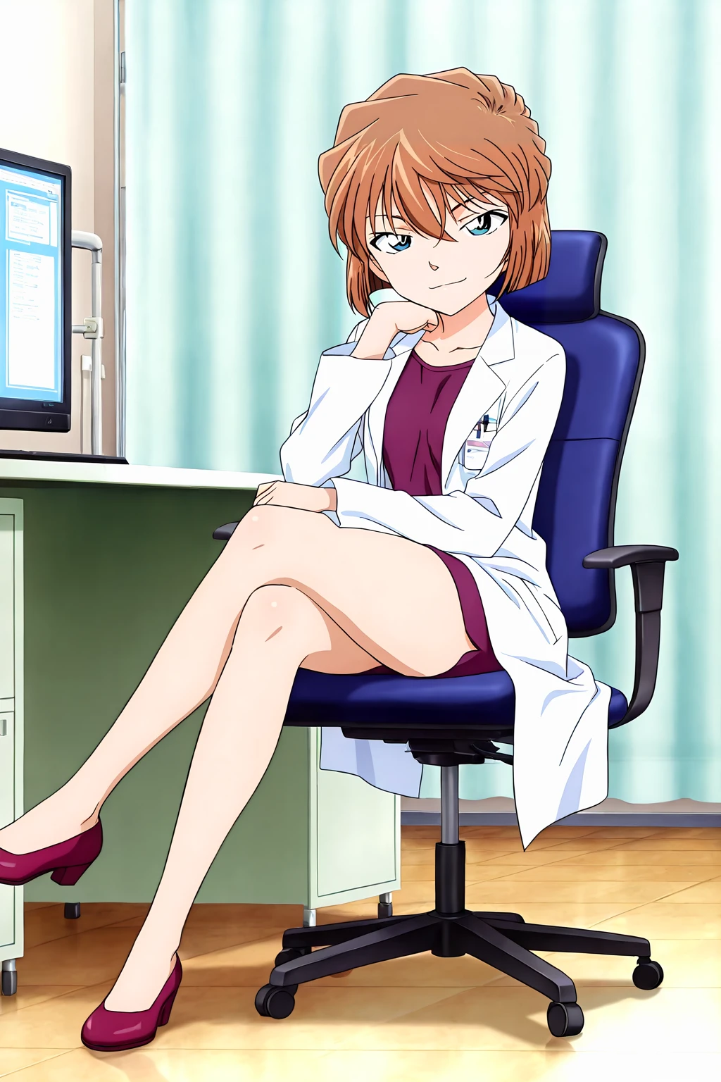 front view,infirmary,swivel chair,computer,sitting,crossed legs,head rest,seductive smile,
1girl,full body,lab coat,looking at viewer,
Best quality,masterpiece,soft light,official art,high quality,highres,absurdres,epic scene,natural textures,<lora:Haibara Ai IL V2:1>,haibara ai,short hair,brown hair,blue eyes,hair between eyes,