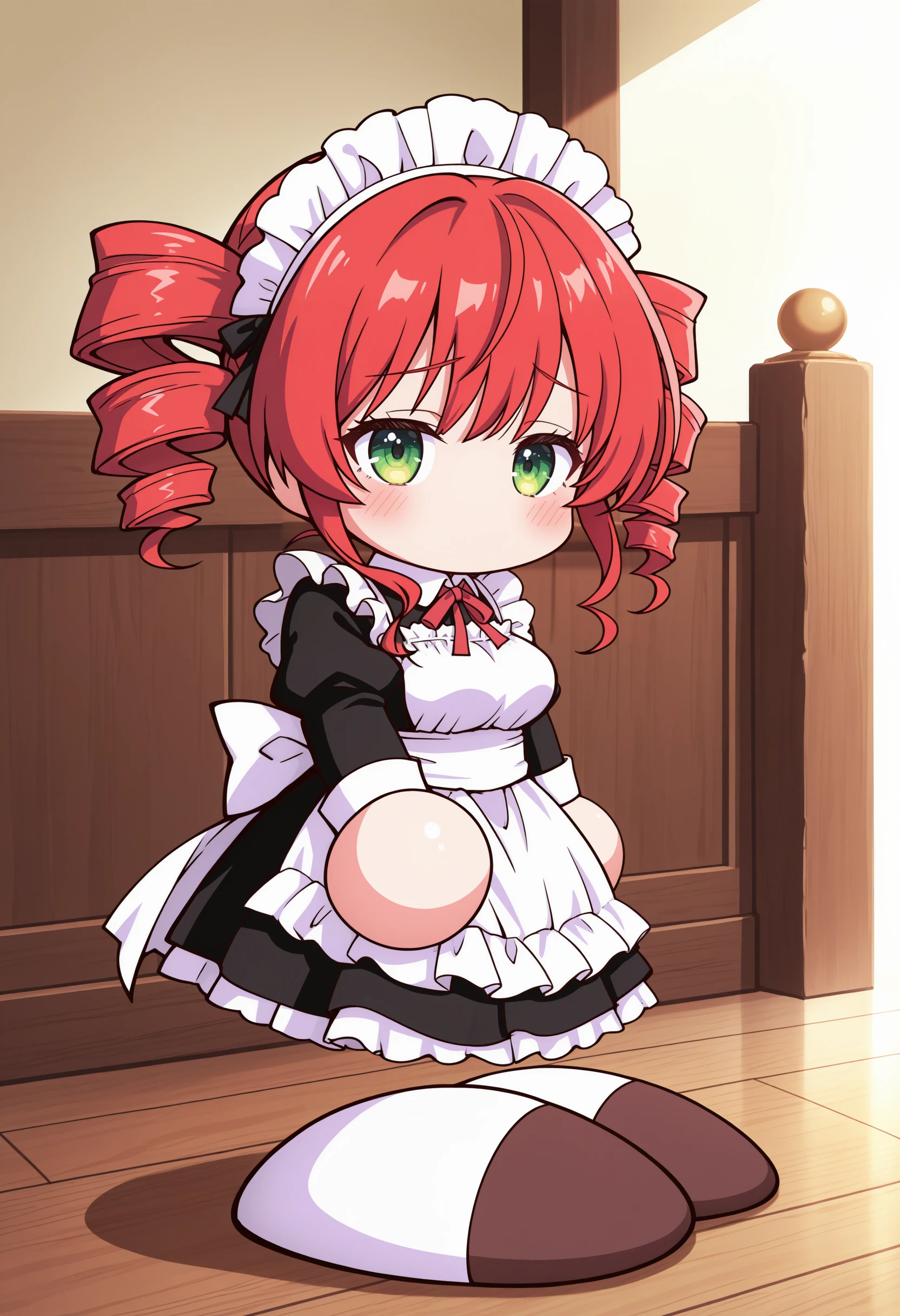 1girl,(sho \(sho lwlw\):0.7),(toosaka asagi:0.5),(sincos:0.3),solo,
masterpiece, best quality, newest, absurdres, CG, anime, source anime, illustration,
maid, maid headdress,medium breasts,
pawapuro , chibi ,no mouth,blush,full body , <lora:pawapuro_Illust_v3:1.2>
from side, looking at viewer, red hair, green eyes,sad smile, on bridge, drill hair,