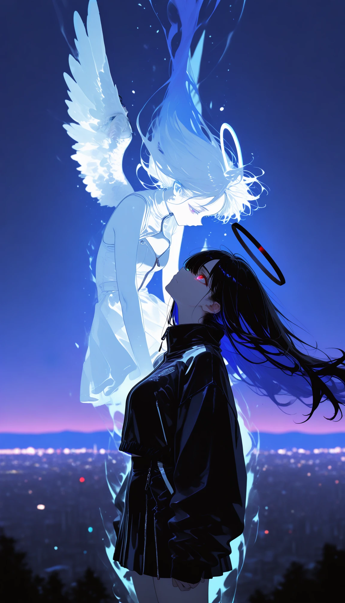 masterpiece, best quality, amazing quality, very aesthetic, absurdres, highres, newest, 2024, HDR, 8K, high detailed, detailed background, real background, impasto, high contrast,
2girl, black hair, long hair, heterochromia, colored eyelashes, multicolored hair, jacket, open jacket, short zipper skirt, mini skirt, angel, black halo, angel wings, Hollow, sky, floating, limited palette, serious expression, casting silent magic, fake self collapsing, strong contrast, floating hair, hair over own face, cinematic composition, mystical atmosphere, artistic filter, blurry, cityscape, night, side view, facing away, looking up,(Distant, tokyo sky tree\æ®é),