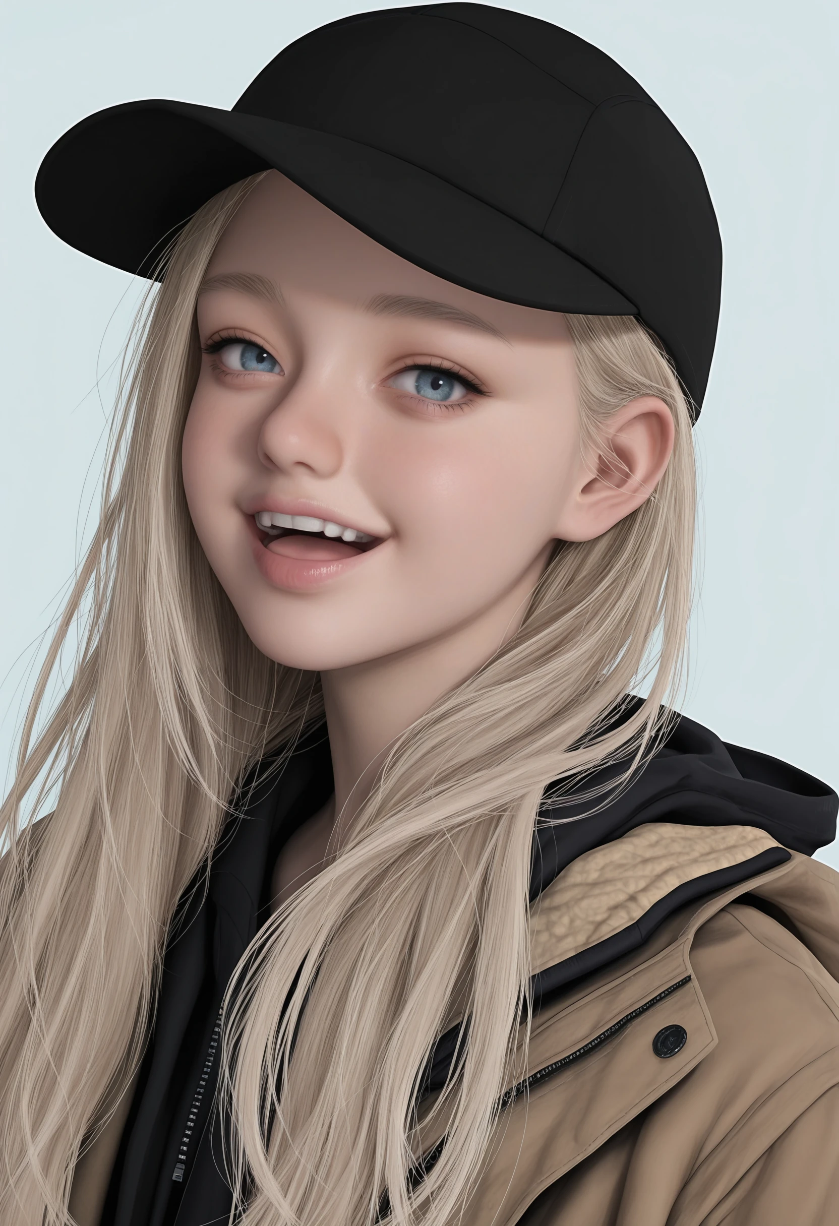 masterpiece, best quality, amazing quality, very aesthetic, absurdres, newest, <lora:RosemaryRE8ILf:1> r0silf, 1girl, long hair, blonde hair, blue eyes, baseball cap, jacket, hood down, portrait, looking at viewer, :D,
simple background, light blue background,
