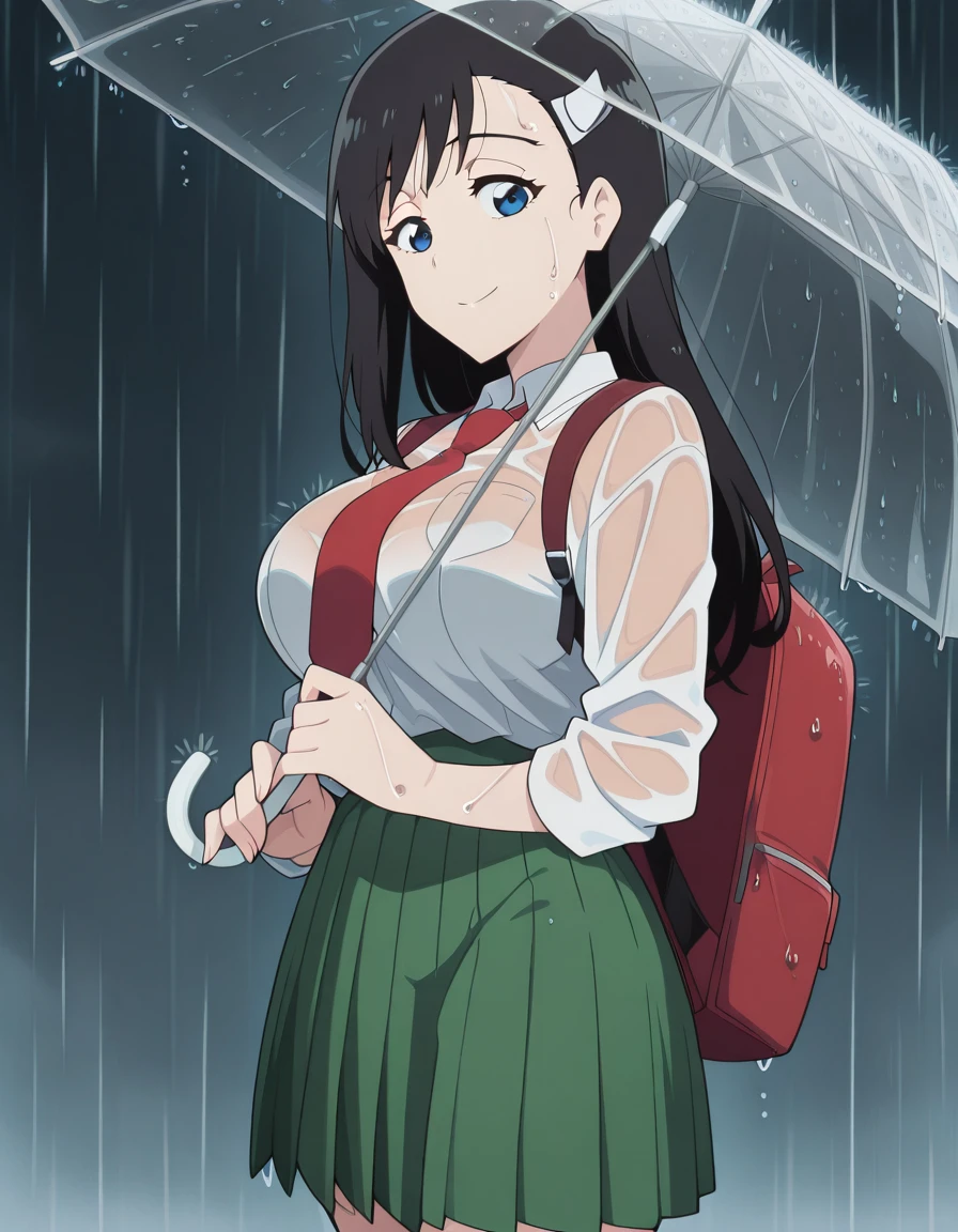 masterpiece, best quality, amazing quality,, <lora:noel-niihashi-ova-illustriousxl-lora-nochekaiser:1>, noel niihashi, niihashi noel, long hair, blue eyes, black hair, hair ornament, hairclip, mature female, breasts, anime screencap, <lora:getsuyoubi-no-tawawa-538-illustriousxl-lora-nochekaiser:1>, getsuyoubinotawawa538, looking at viewer, smile, skirt, shirt, holding, cowboy shot, pleated skirt, necktie, bag, wet, umbrella, backpack, wet clothes, rain, holding umbrella, transparent, transparent umbrella,, , ,