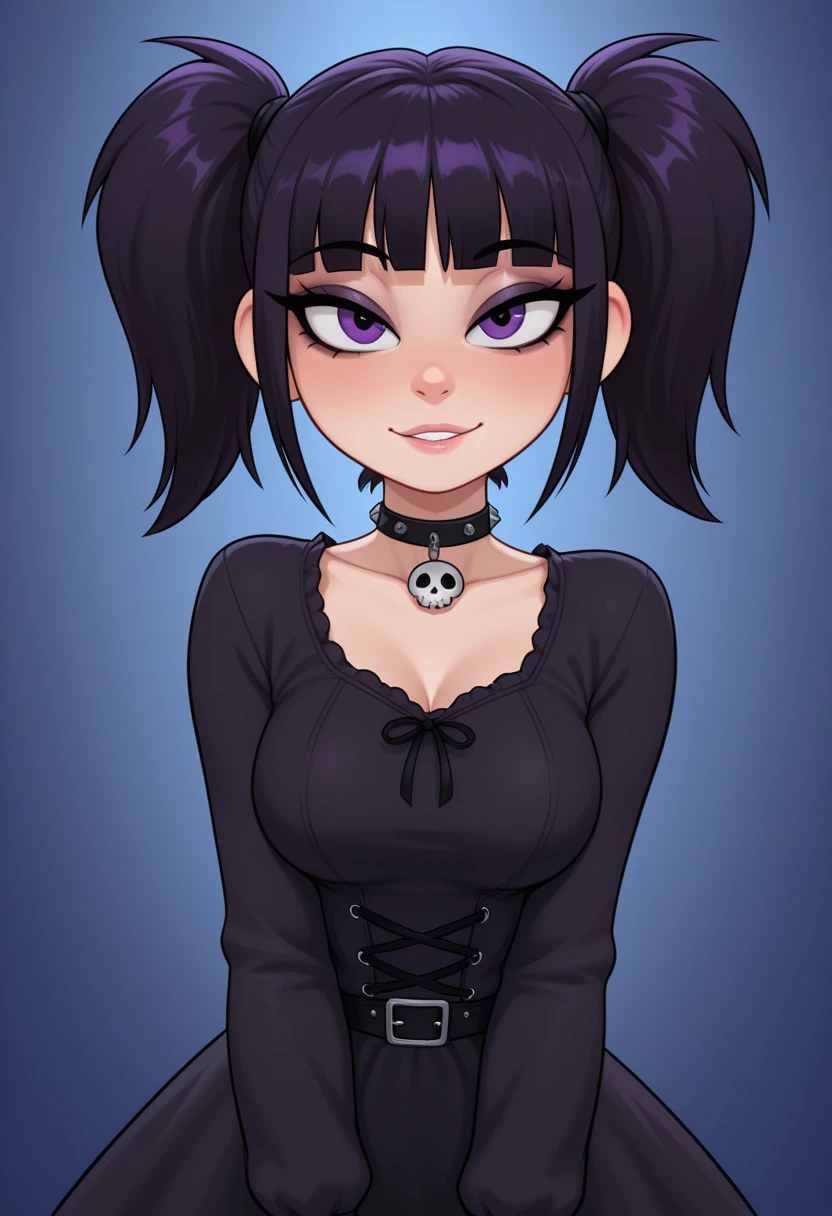 1girl,looking at viewer,medium breasts,goth,short twintails,, masterpiece,best quality,amazing quality,very aesthetic,high resolution,ultra-detailed,absurdres,newest,cartoon,toon,