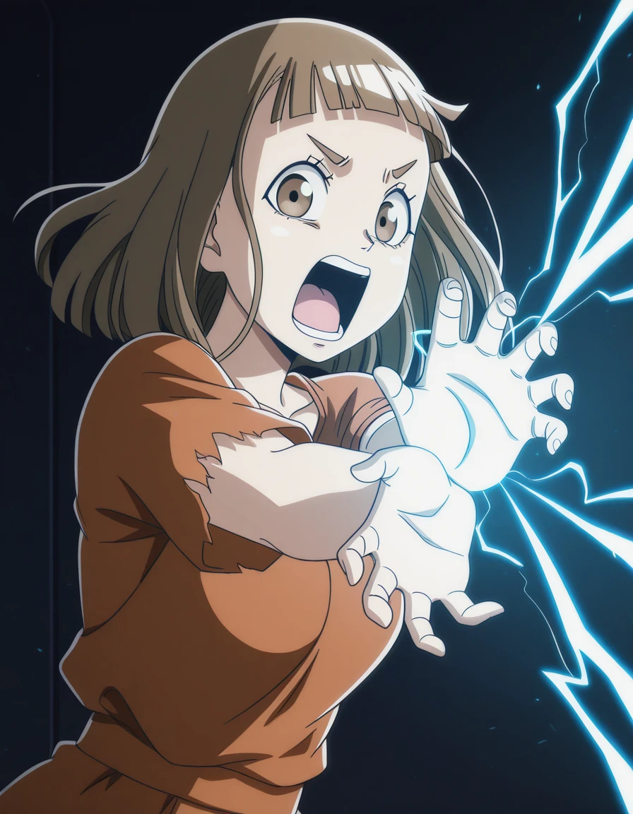 masterpiece, best quality, amazing quality,, <lora:mari-tamaki-s1-illustriousxl-lora-nochekaiser:1>, mari tamaki, tamaki mari, looking at viewer, bangs, brown hair, brown eyes, mature female, medium breasts, anime screencap,, <lora:kamehameha-illustriousxl-lora-nochekaiser:1>, kamehameha, kamehameha (dragon ball), open mouth, outstrecthed arms, torn clothes, shouting, energy, energy beam, energy ball, from side, electricity,, ,