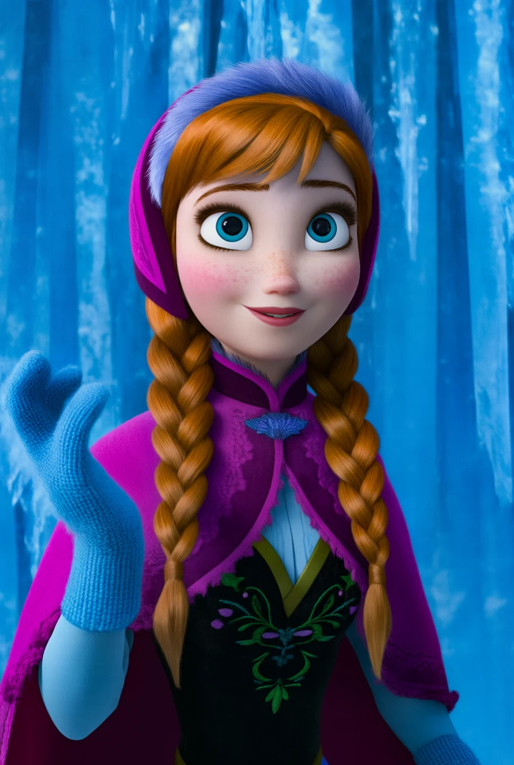 anna \(frozen\), Anna's Classic costumes \(outfit\), gloves, double braids, purple cape, purple hood
A cheerful and optimistic close-up shot of Anna from Disney's Frozen, looking upwards and slightly to the right with a hopeful expression. Her signature reddish-blonde hair is in two long, braided pigtails. She has light skin, blue eyes, and a scattering of light freckles. Anna is dressed in her winter attire, featuring a vibrant purple hooded cloak with a textured trim, and a dark blue and black dress with green floral embroidery on the bodice. She is also wearing light blue gloves. The background is composed of bright, crystalline ice formations, suggesting she is within or near an ice palace or similar environment, illuminated by a cool, blue light.