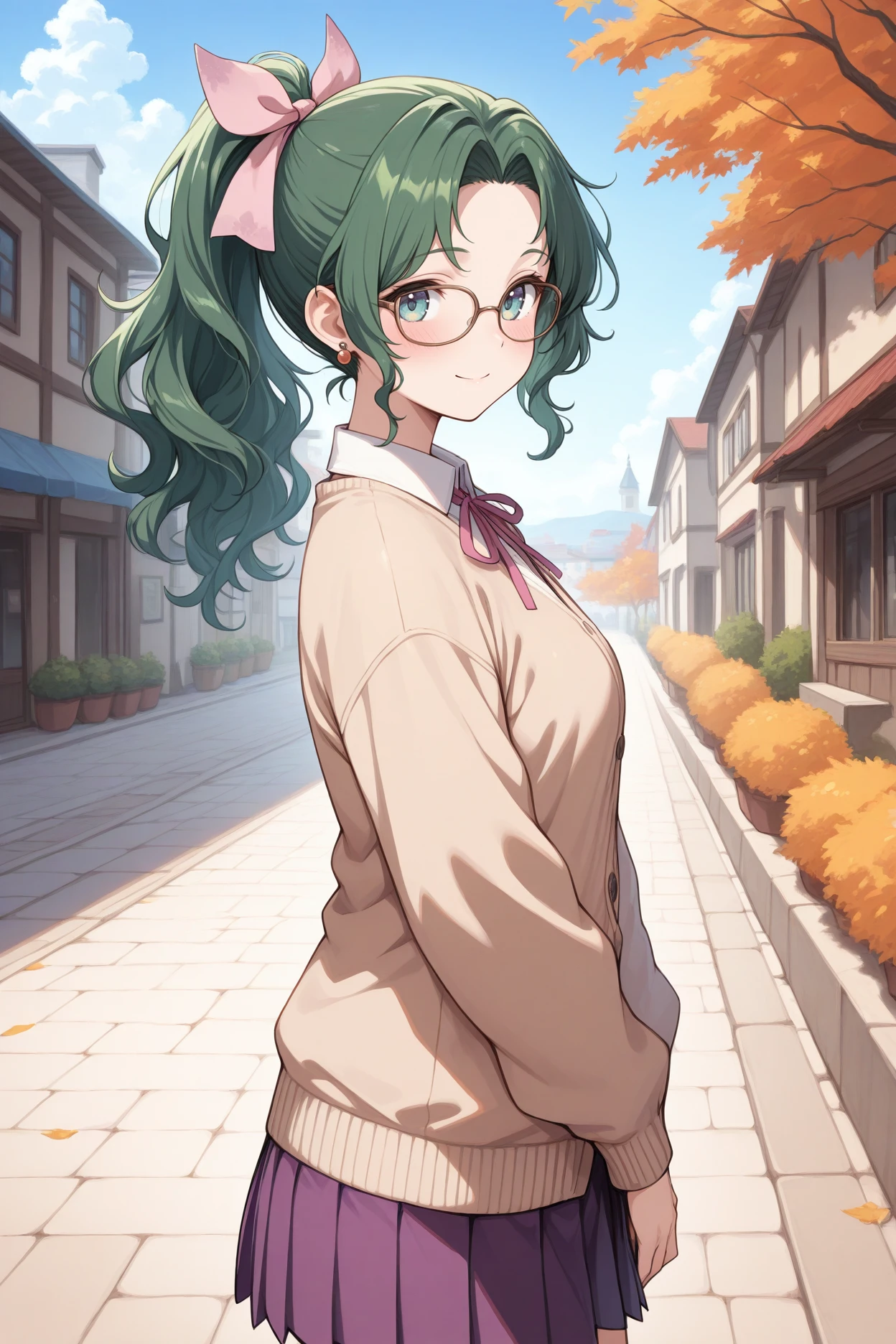 masterpiece, best quality, 1girl, solo, <lora:fftina-illu-nvwls-v1-000006:1> fftnb, wavy hair, ponytail, parted bangs, green hair, green eyes, hair ribbon, earrings, beige cardigan, glasses, purple skirt, pleated skirt, looking at viewer, town, smile, blush, autumn, blue sky