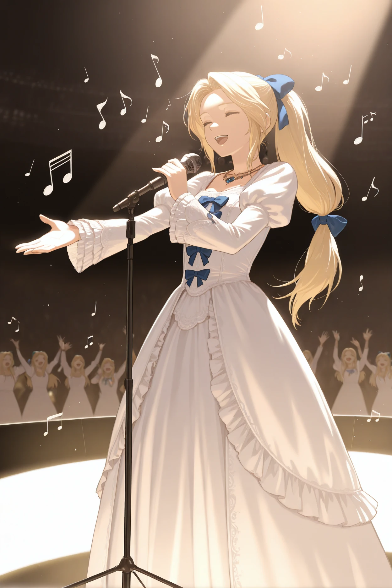 masterpiece, best quality, 1girl, solo, <lora:ffceles-illu-nvwls-v1-000006:1> ffcls, blonde hair, long hair, parted bangs, hair bow, ponytail, necklace, white dress, white gown, frills, juliet sleeves, blue bow, singing, open mouth, closed eyes, smile, microphone stand, stage, spotlight, outstretched hand, crowd, stadium, floating musical notes