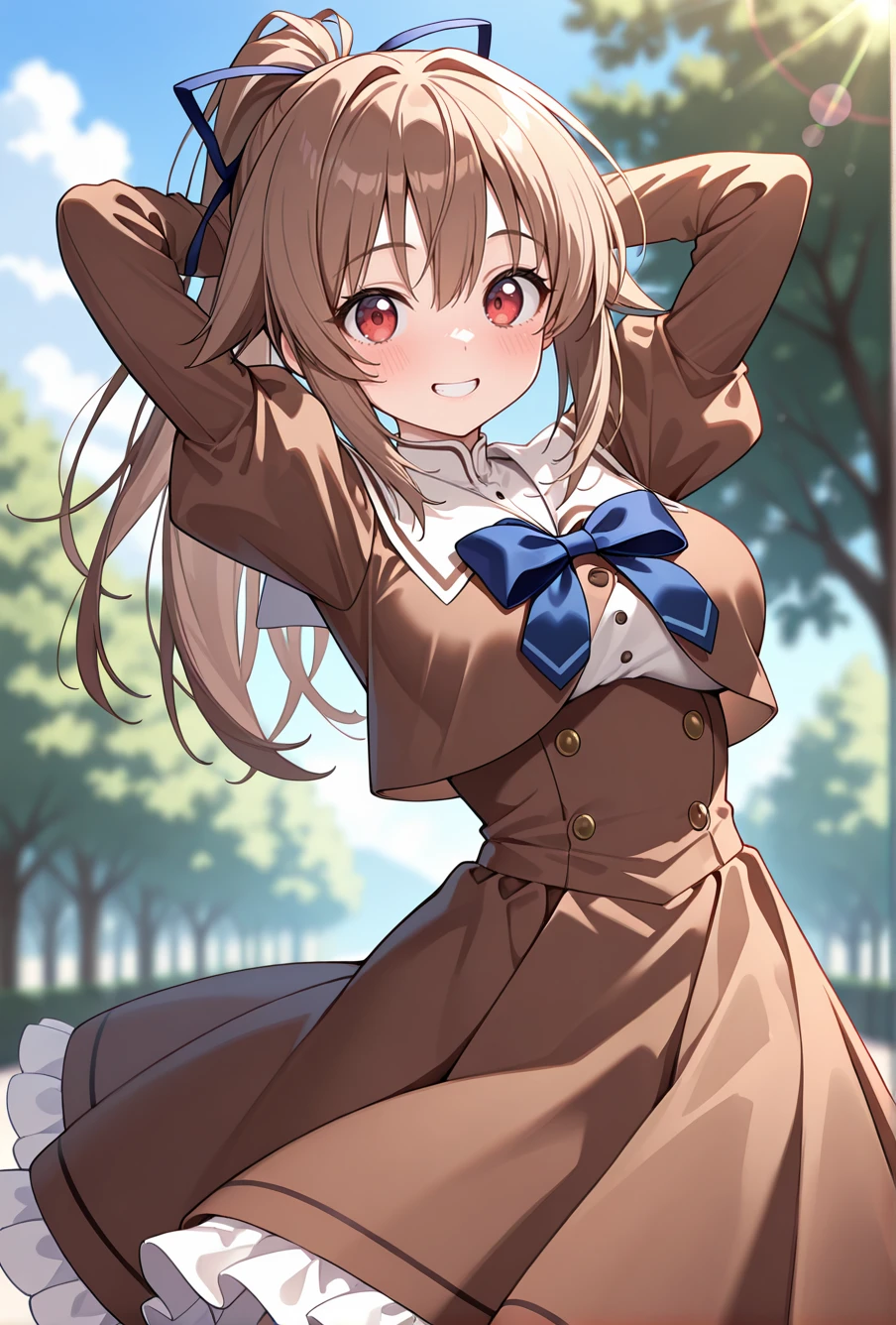 masterpiece, best quality, amazing quality, very aesthetic, newest, absurdres, highres,
1girl, solo,
 <lora:KiryuuTsukasaIllustriousV1:1> kiryuutsukasadef, brown hair, long hair, ponytail, red eyes, hair ribbon, blue bowtie, bowtie, juliet sleeves, sailor collar, brown dress, frilled dress, cropped jacket,
looking at viewer, smile, teeth, arms behind head, 
dappled sunlight, blurry background, lens flare,
<lora:tenmu_illustriousXL:0.4> <lora:Carnelian_illustriousXL_v2:0.5>