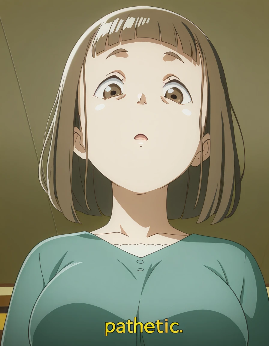 masterpiece, best quality, amazing quality,, <lora:mari-tamaki-s1-illustriousxl-lora-nochekaiser:1>, mari tamaki, tamaki mari, looking at viewer, bangs, brown hair, brown eyes, mature female, medium breasts, anime screencap,, <lora:pathetic-illustriousxl-lora-nochekaiser:1>, pathetic, looking at viewer, open mouth, upper body, looking down, english text, subtitles, dutch angle, ,