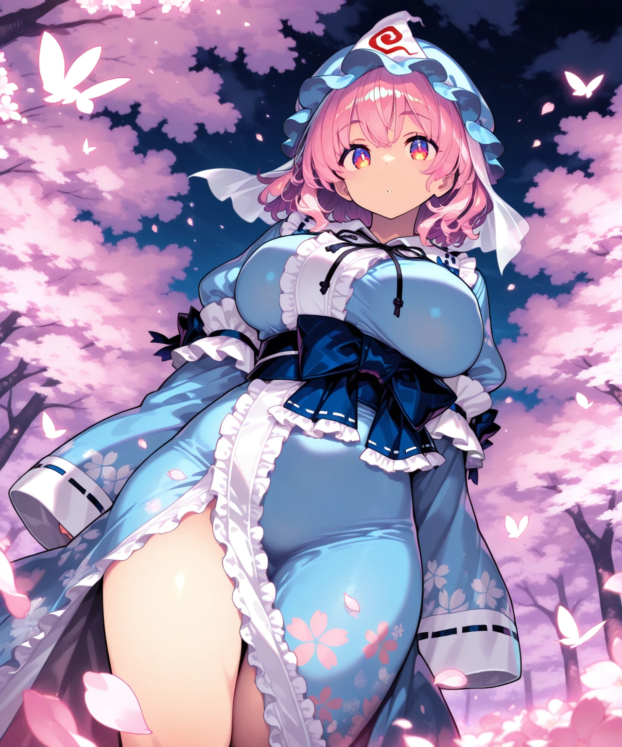 ,masterpiece,best quality,
1girl,saigyouji yuyuko, large breasts,
cherry blossoms, night,petals,outdoors,
looking at viewer, dutch angle, glowing butterfly,