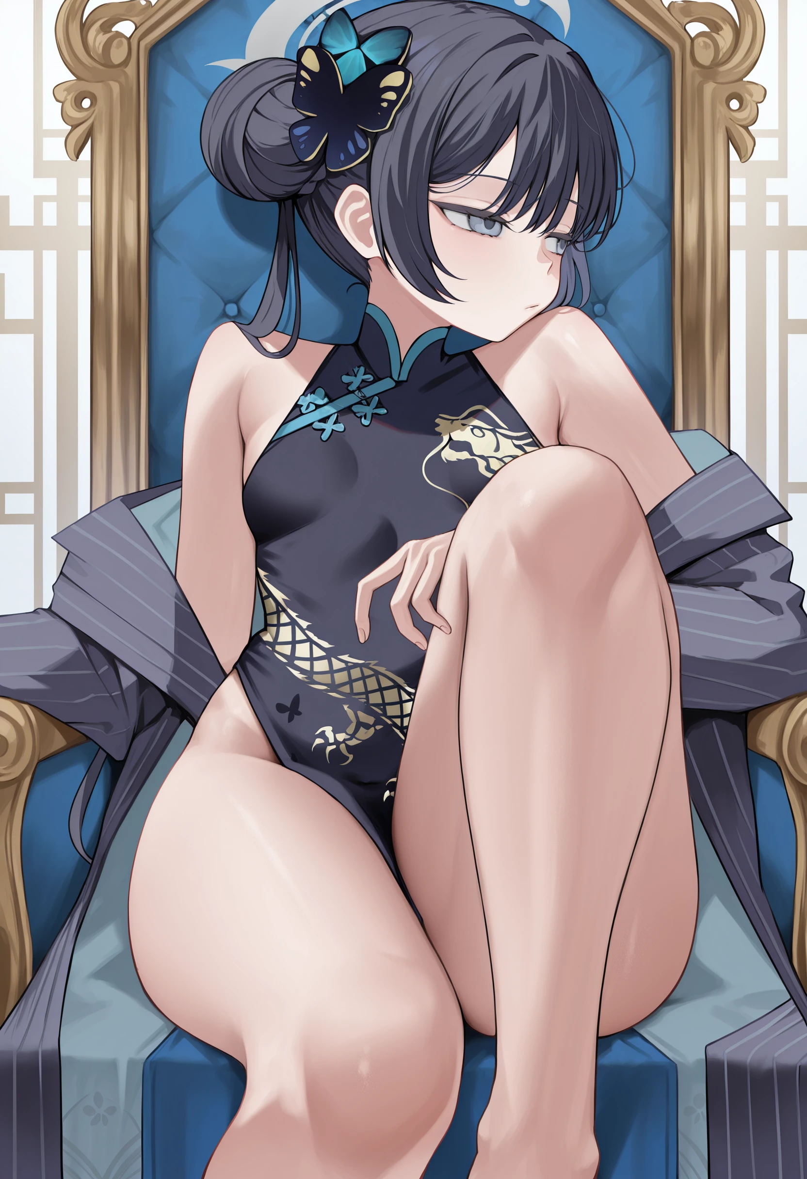 masterpiece, best quality, absurdres, highres, newest, 1girl, solo, <lora:harutuki-style-richy-v1_ixl:1> kisaki \(blue archive\), throne, sitting, thighs, bare legs, looking to the side, half-closed eyes,
