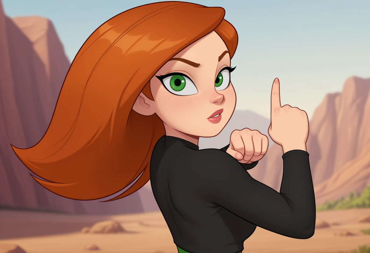 1girl,looking at viewer,action,pose,kim possible \(series\),, masterpiece,best quality,amazing quality,very aesthetic,high resolution,ultra-detailed,absurdres,newest,cartoon,toon,