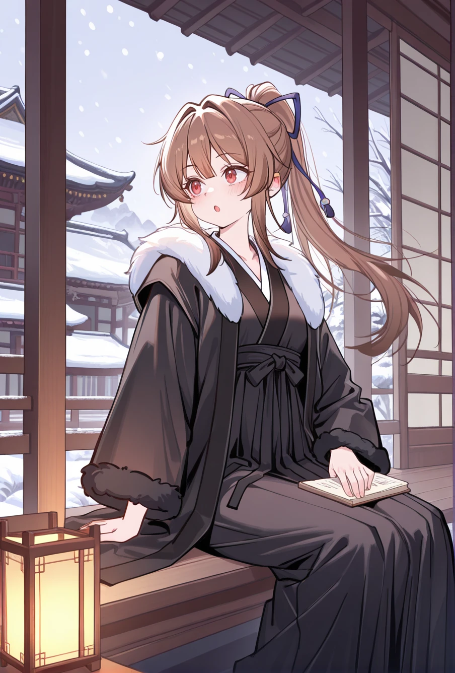masterpiece, best quality, amazing quality, very aesthetic, newest, absurdres, highres,
1girl, solo,
 <lora:KiryuuTsukasaIllustriousV1:1> kiryuutsukasa, brown hair, long hair, ponytail, red eyes, hair ribbon,
<lora:æç»ç»é£_xiaohuoguo:0.8> xiaohuoguo
snowing, sitting, east asian architecture, lantern, black hanfu, fur trim,
looking to the side, holding, :o,