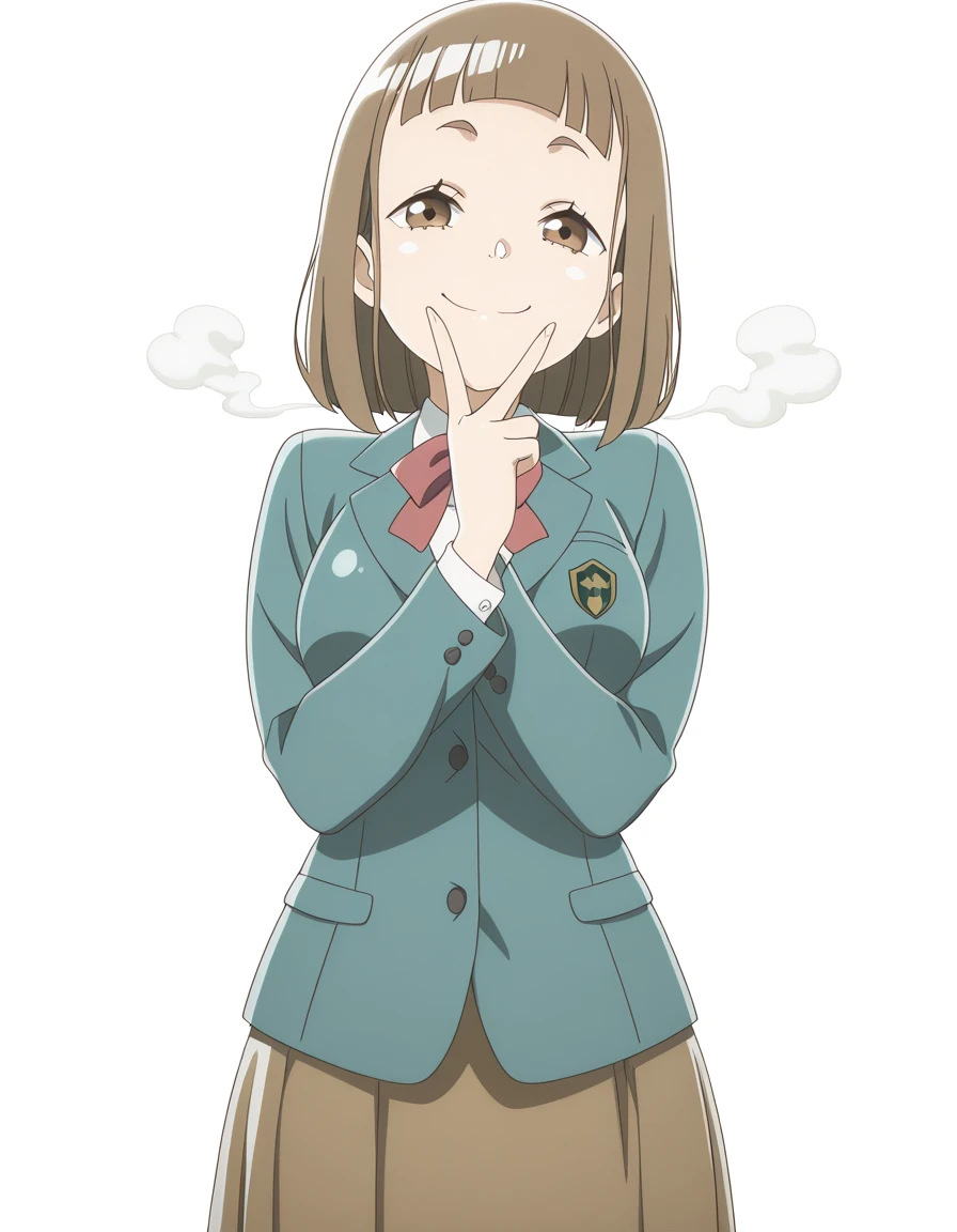 masterpiece, best quality, amazing quality,, <lora:mari-tamaki-s1-illustriousxl-lora-nochekaiser:1>, mari tamaki, tamaki mari, looking at viewer, bangs, brown hair, brown eyes, mature female, medium breasts, anime screencap,, skirt, bow, jacket, blazer,, v, v over mouth, smug,, onsen, hot_spring, steam, relaxation, traditional, cowboy shot, solo, looking at viewer, <lora:transparent-background-illustriousxl-lora-nochekaiser:1>, transparent background, simple background, white background