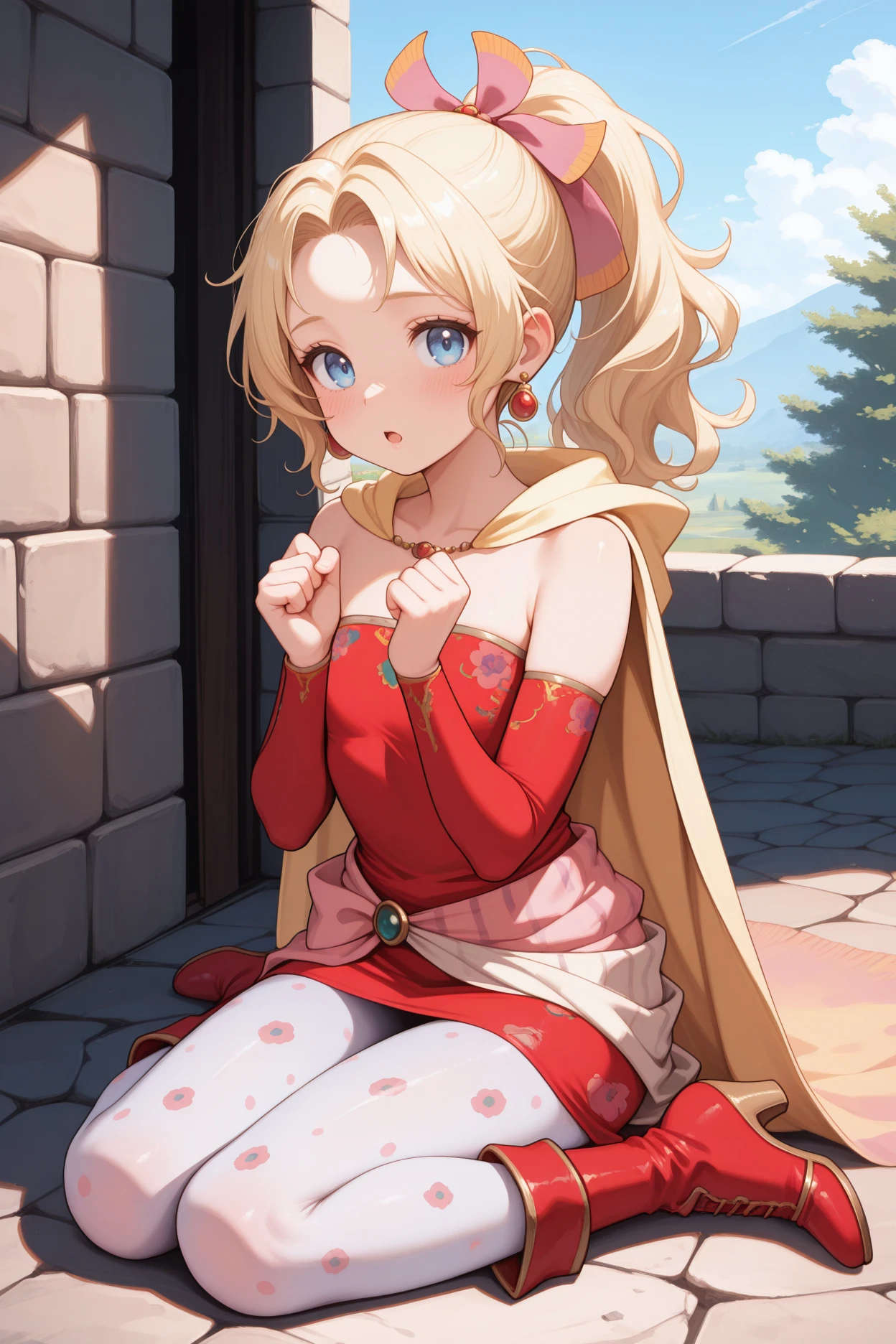 masterpiece, best quality, 1girl, solo, <lora:fftina-illu-nvwls-v1-000006:1> fftnb, wavy hair, ponytail, parted bangs, blonde hair, blue eyes, hair ribbon, earrings, yellow cape, strapless dress, short dress, red sleeves, detached sleeves, clothes around waist, print pantyhose, white pantyhose, red boots, blush, looking at viewer, open mouth, medieval, stone floor, window, blue sky, hands up, clenched hands, wariza