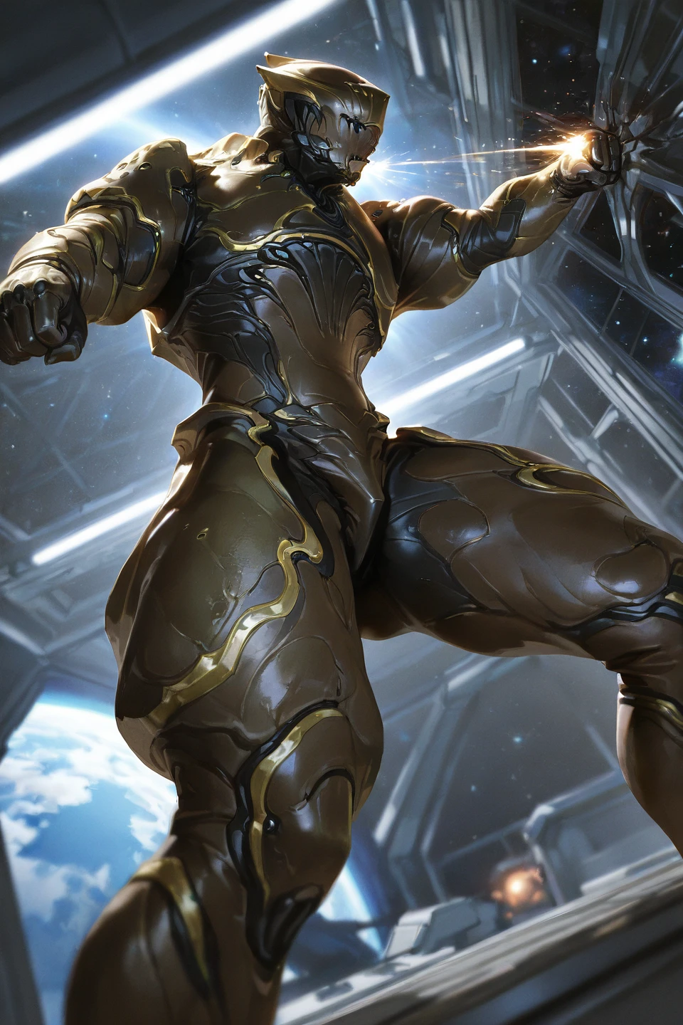 <lora:rhino:1>, rh1n0, warframe, full armor, from below, science fiction, space, window, dutch angle, solo, thick thighs, suggestive pose, alternate muscle, punching, depth of field, masterpiece, best quality, amazing quality, very aesthetic, absurdres, newest, scenery, volumetric lighting, realistic shadingâââ